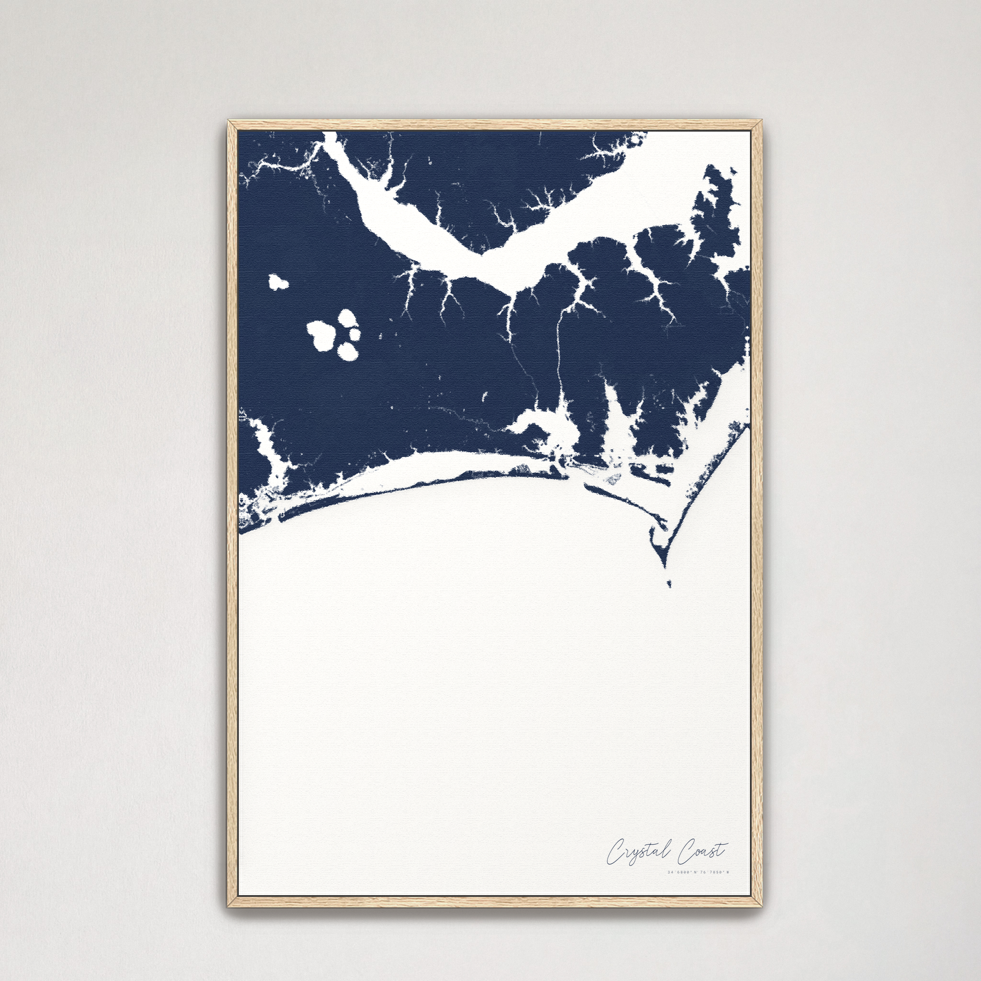Crystal Coast / Emerald Isle Coastal Map — Canvas Vertical, navy, Natural Oak