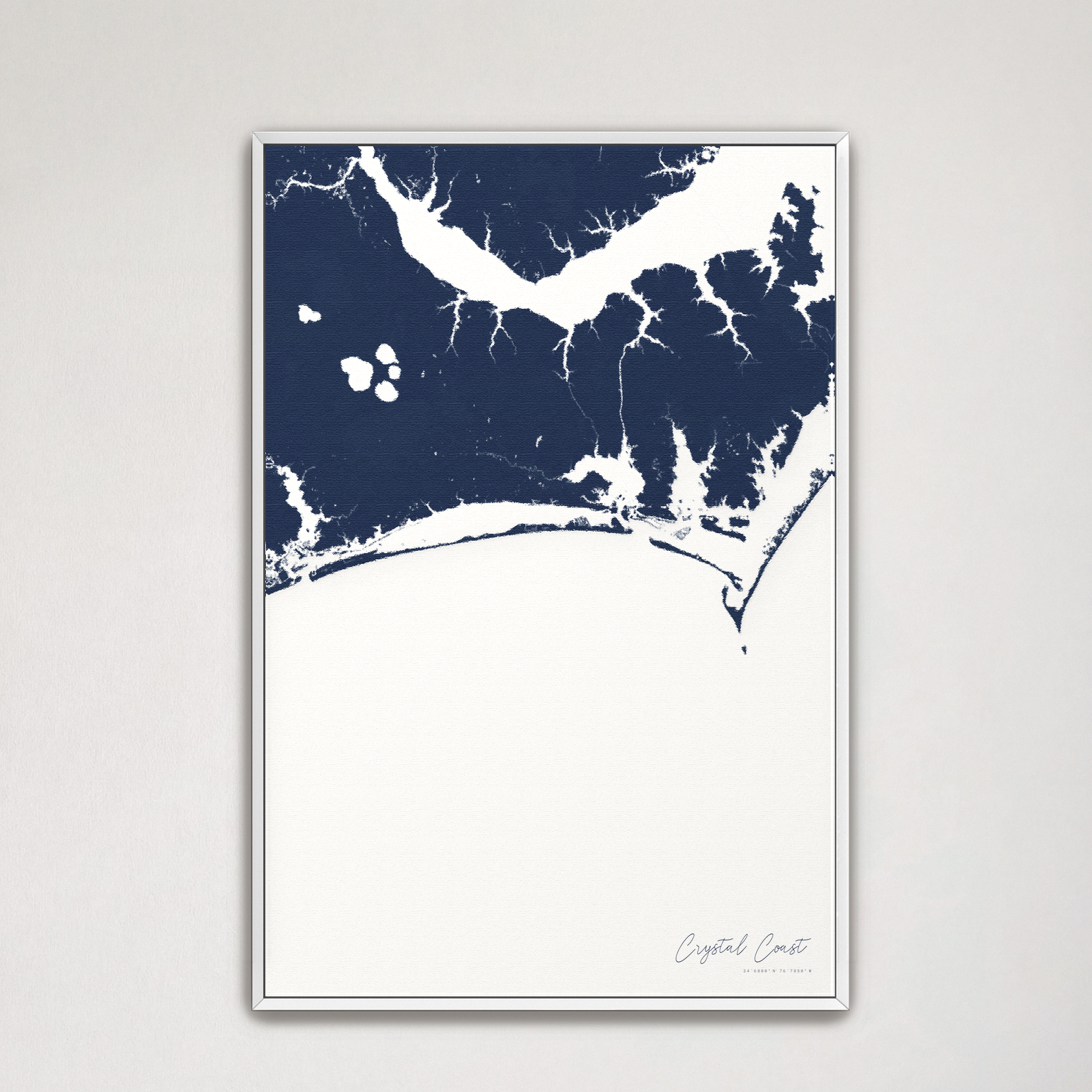Crystal Coast / Emerald Isle Coastal Map — Canvas Vertical, navy, White Frame