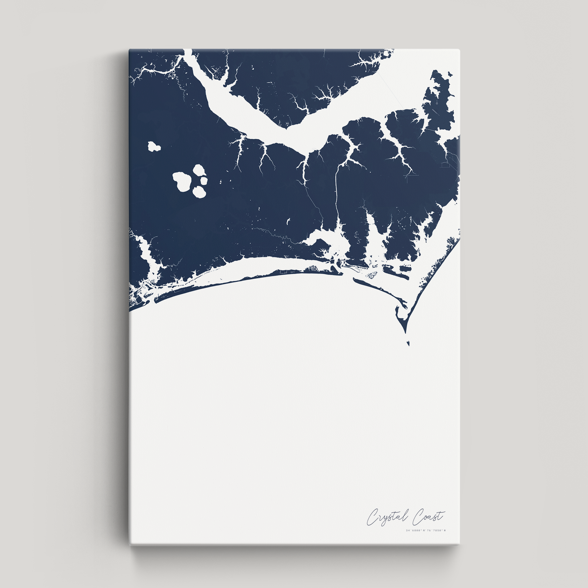 Crystal Coast / Emerald Isle Coastal Map — Canvas Vertical, navy, No Frame