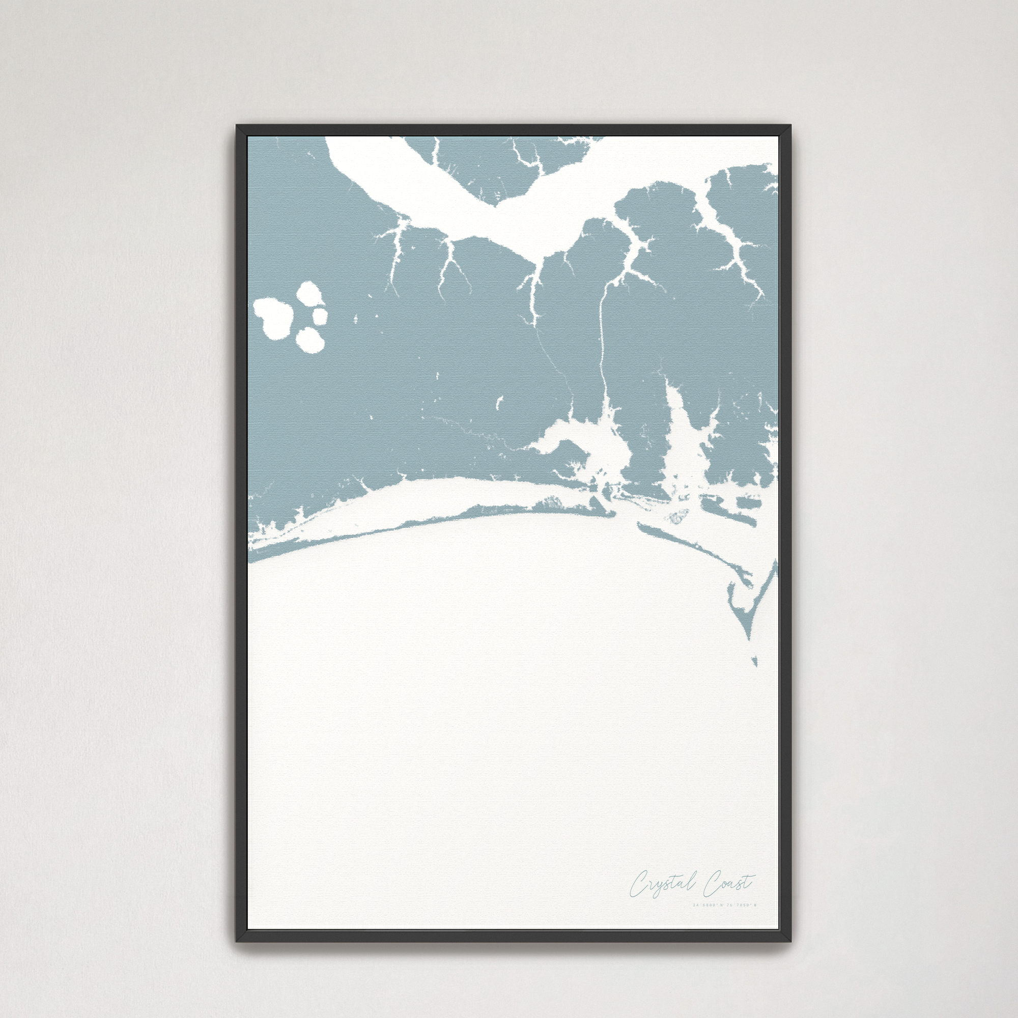 Crystal Coast / Emerald Isle Coastal Map — Canvas Vertical, soft-blue, Black Frame