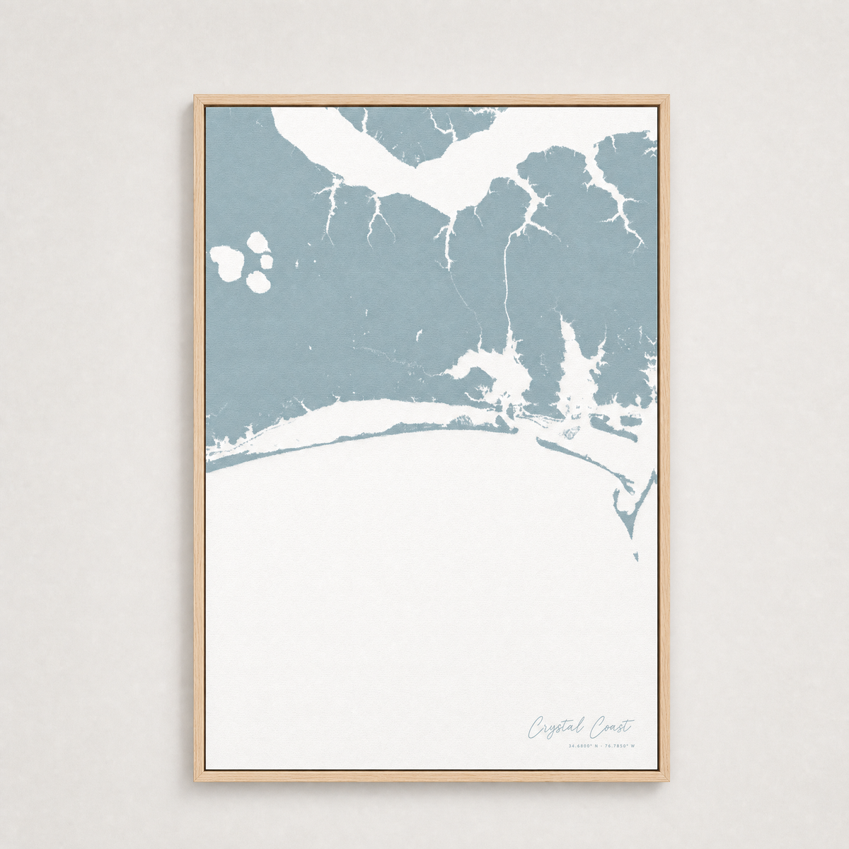 Crystal Coast / Emerald Isle Coastal Map — Canvas Vertical — soft-blue, Light Wood