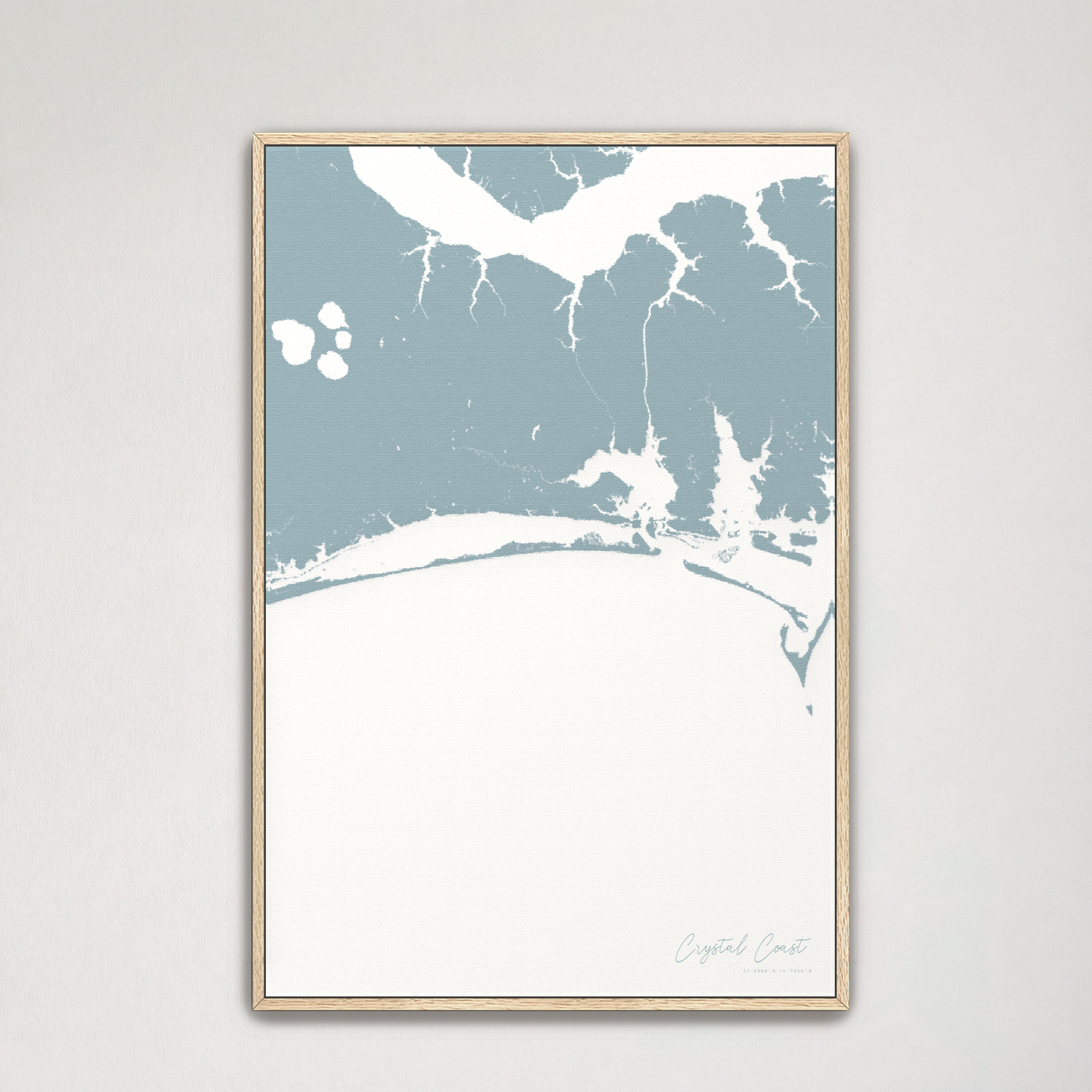 Crystal Coast / Emerald Isle Coastal Map — Canvas Vertical, soft-blue, Natural Oak