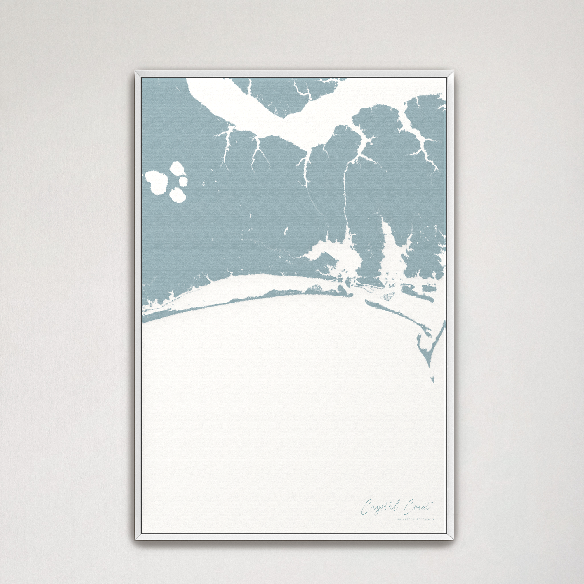 Crystal Coast / Emerald Isle Coastal Map — Canvas Vertical, soft-blue, White Frame