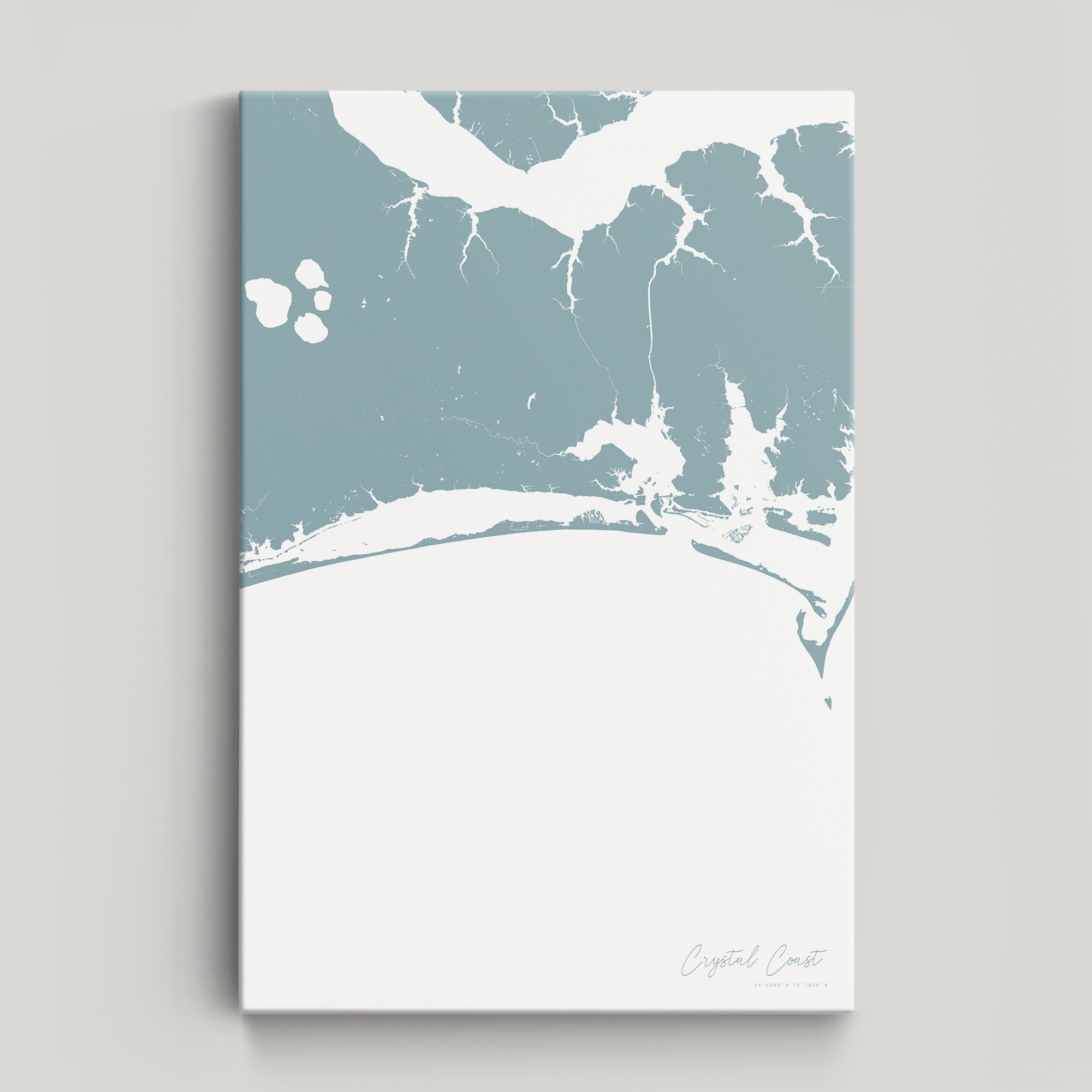 Crystal Coast / Emerald Isle Coastal Map — Canvas Vertical, soft-blue, No Frame