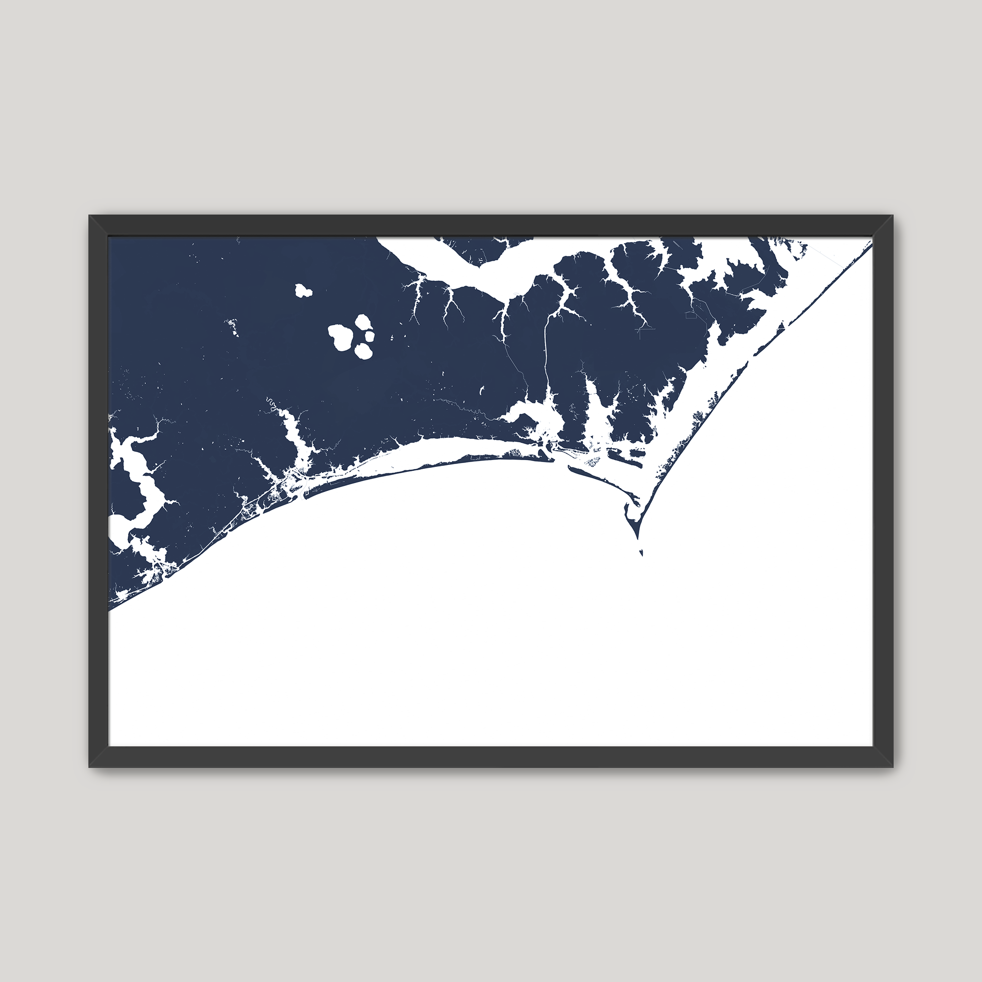 Crystal Coast / Emerald Isle Coastal Map — Fine Art Print Horizontal, navy, Black Frame, 10x8