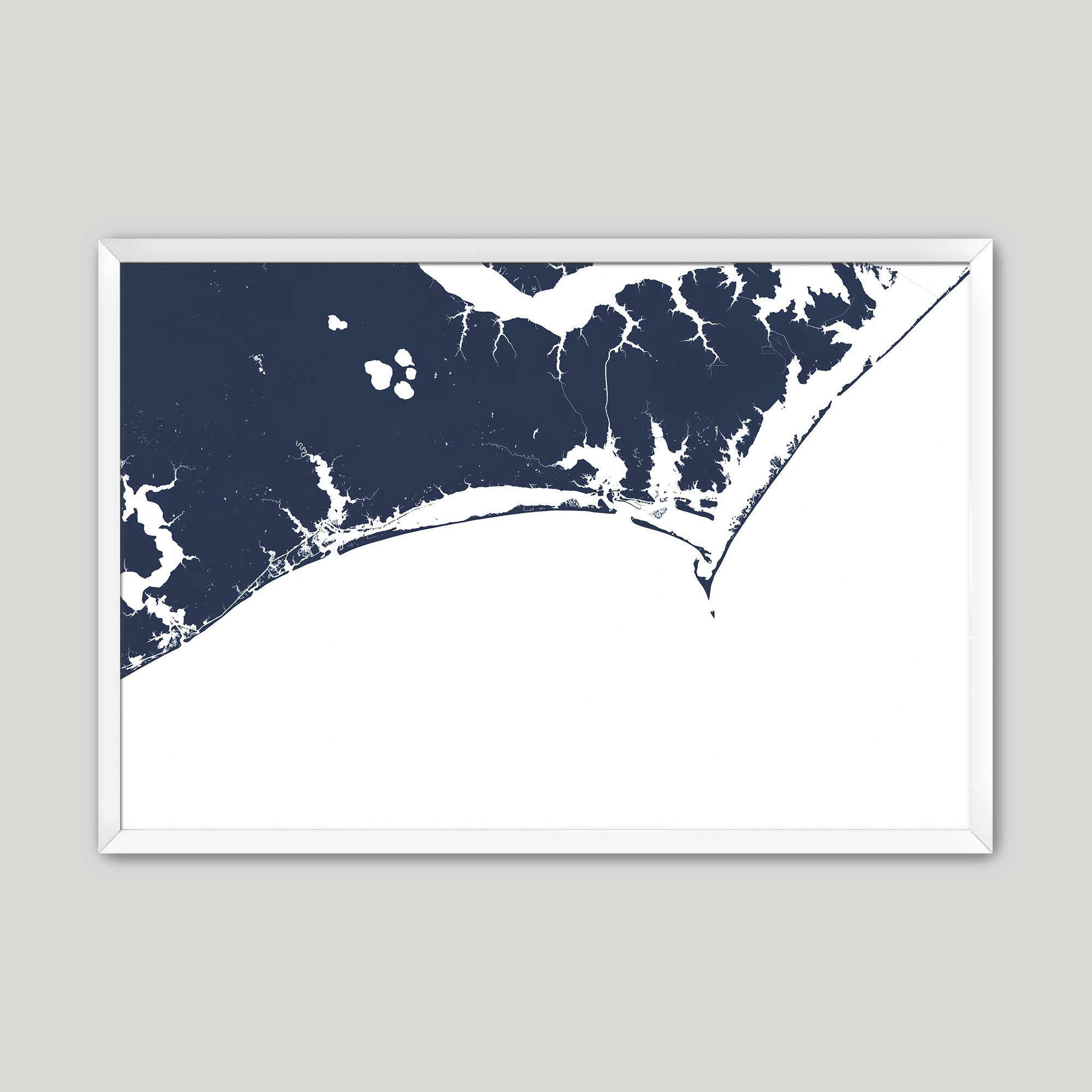 Crystal Coast / Emerald Isle Coastal Map — Fine Art Print Horizontal, navy, White Frame, 10x8
