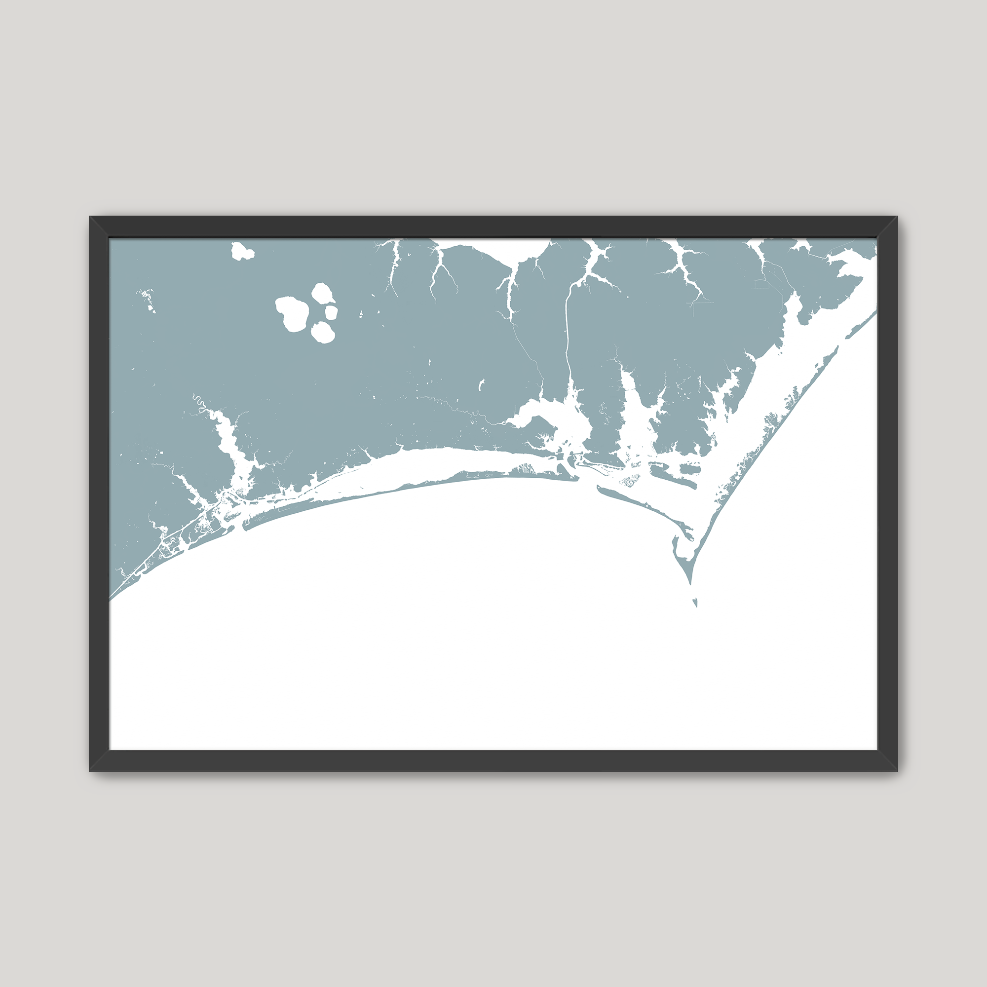 Crystal Coast / Emerald Isle Coastal Map — Fine Art Print Horizontal, soft-blue, Black Frame, 10x8