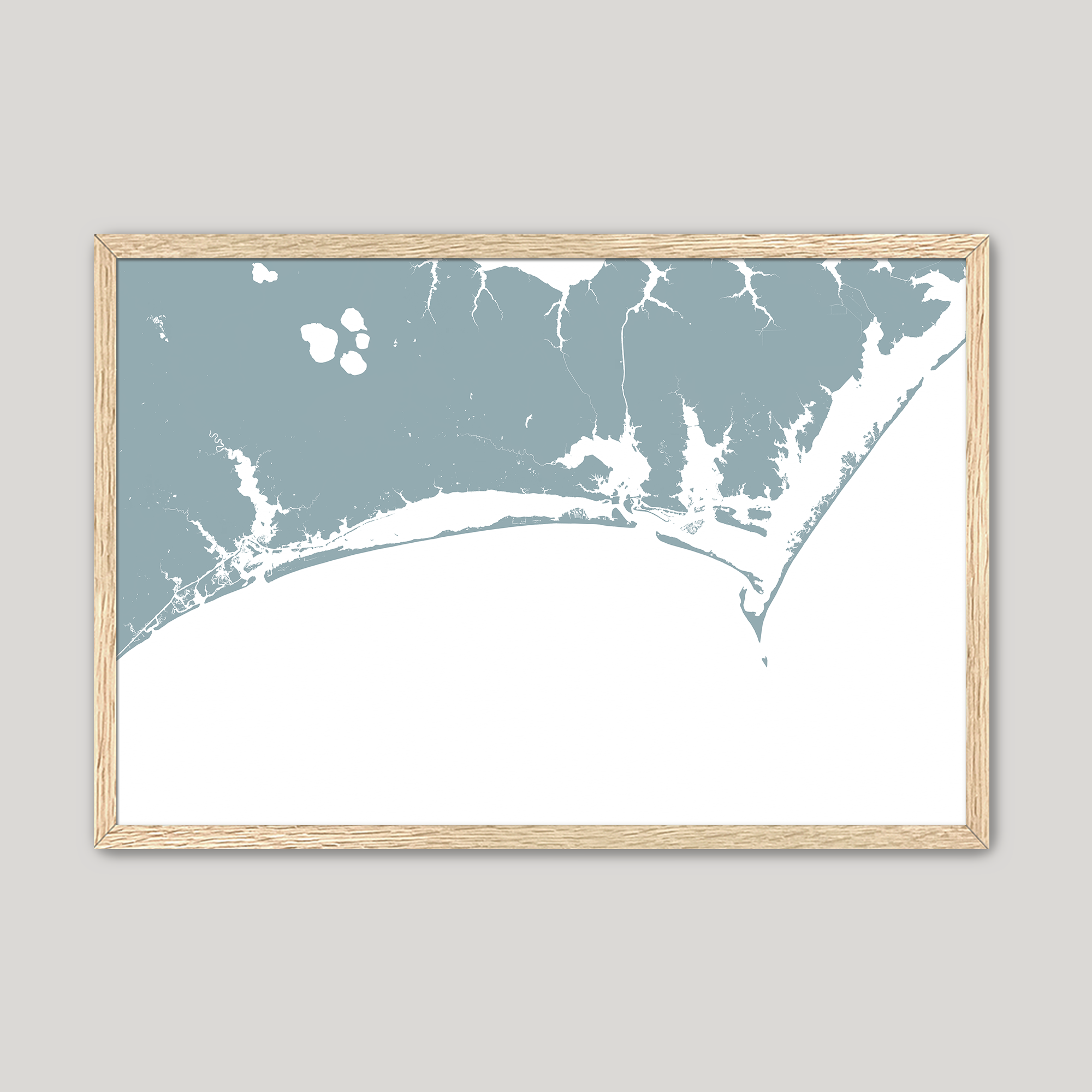 Crystal Coast / Emerald Isle Coastal Map — Fine Art Print Horizontal, soft-blue, Oak, 10x8