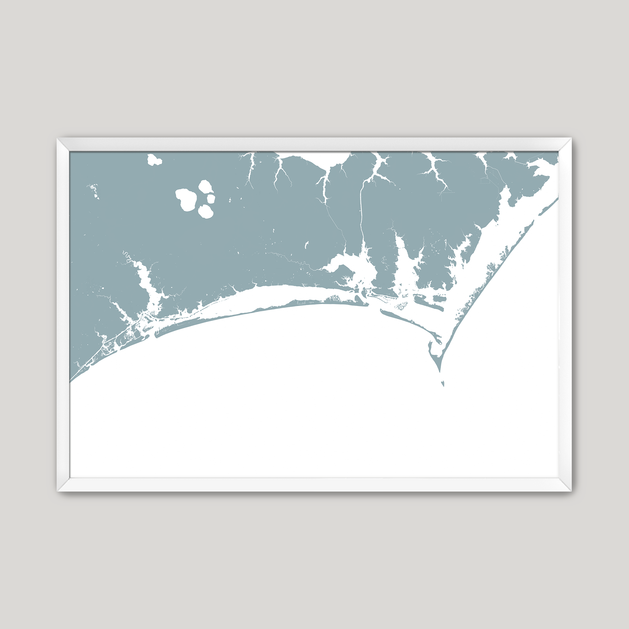 Crystal Coast / Emerald Isle Coastal Map — Fine Art Print Horizontal, soft-blue, White Frame, 10x8