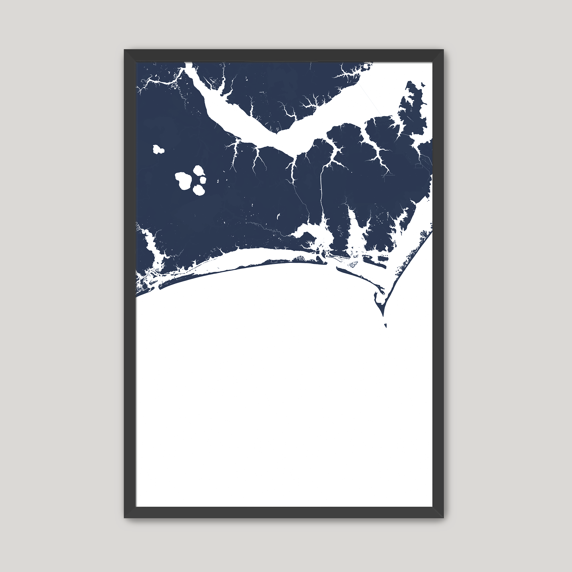 Crystal Coast / Emerald Isle Coastal Map — Fine Art Print Vertical, navy, Black Frame, 8x10