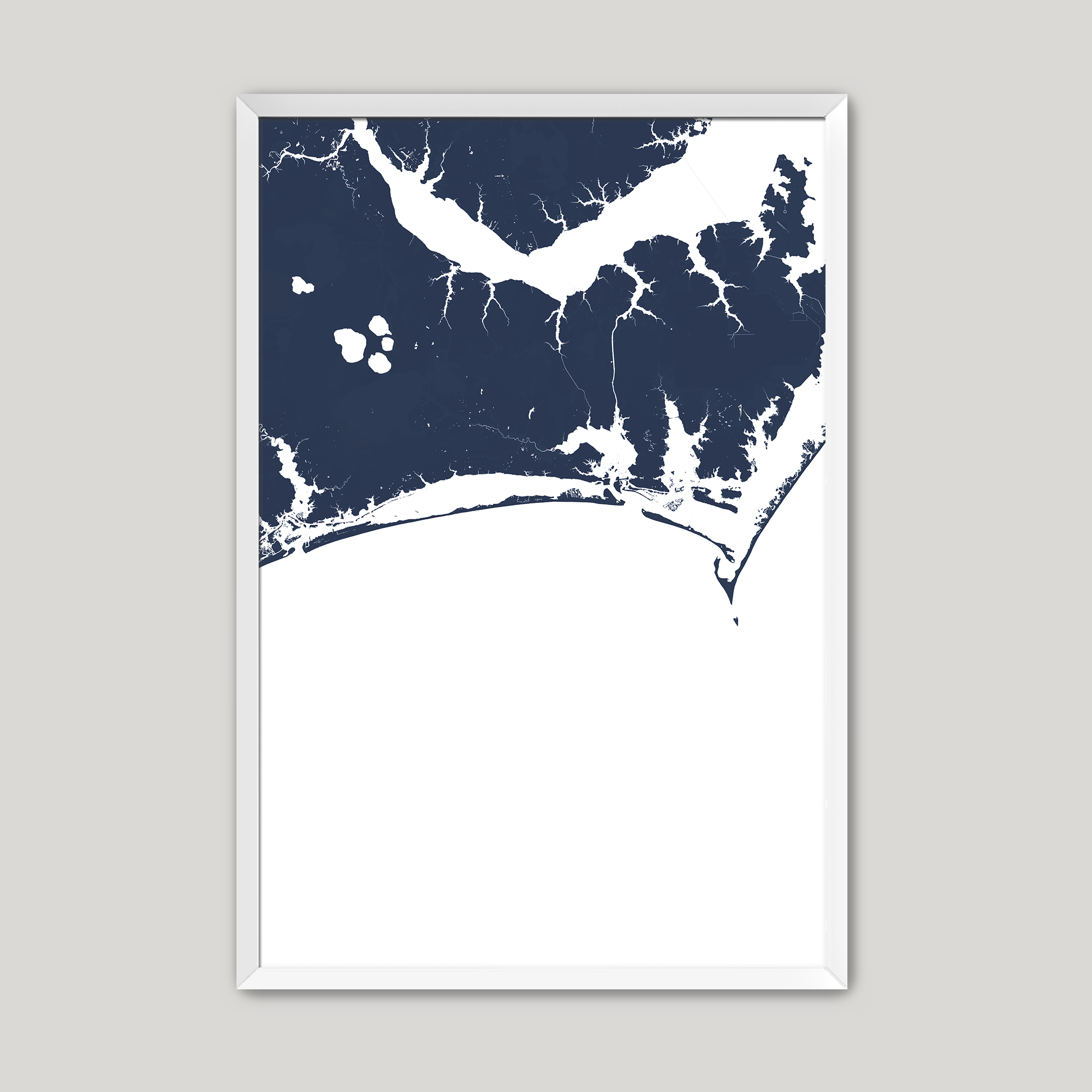 Crystal Coast / Emerald Isle Coastal Map — Fine Art Print Vertical, navy, White Frame, 8x10