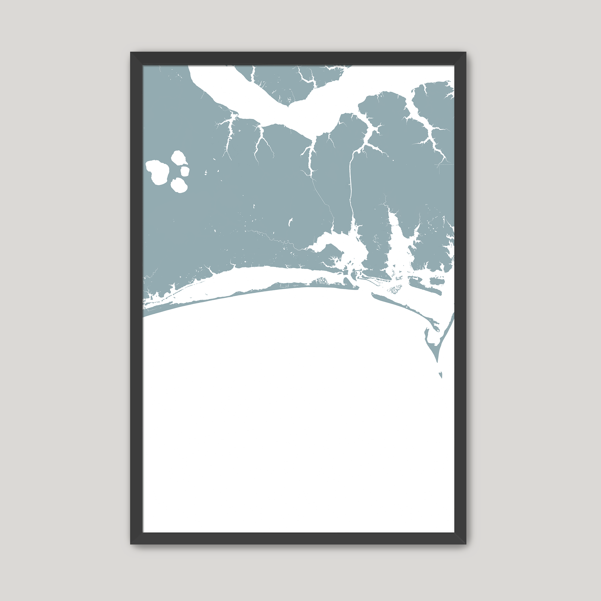 Crystal Coast / Emerald Isle Coastal Map — Fine Art Print Vertical, soft-blue, Black Frame, 8x10
