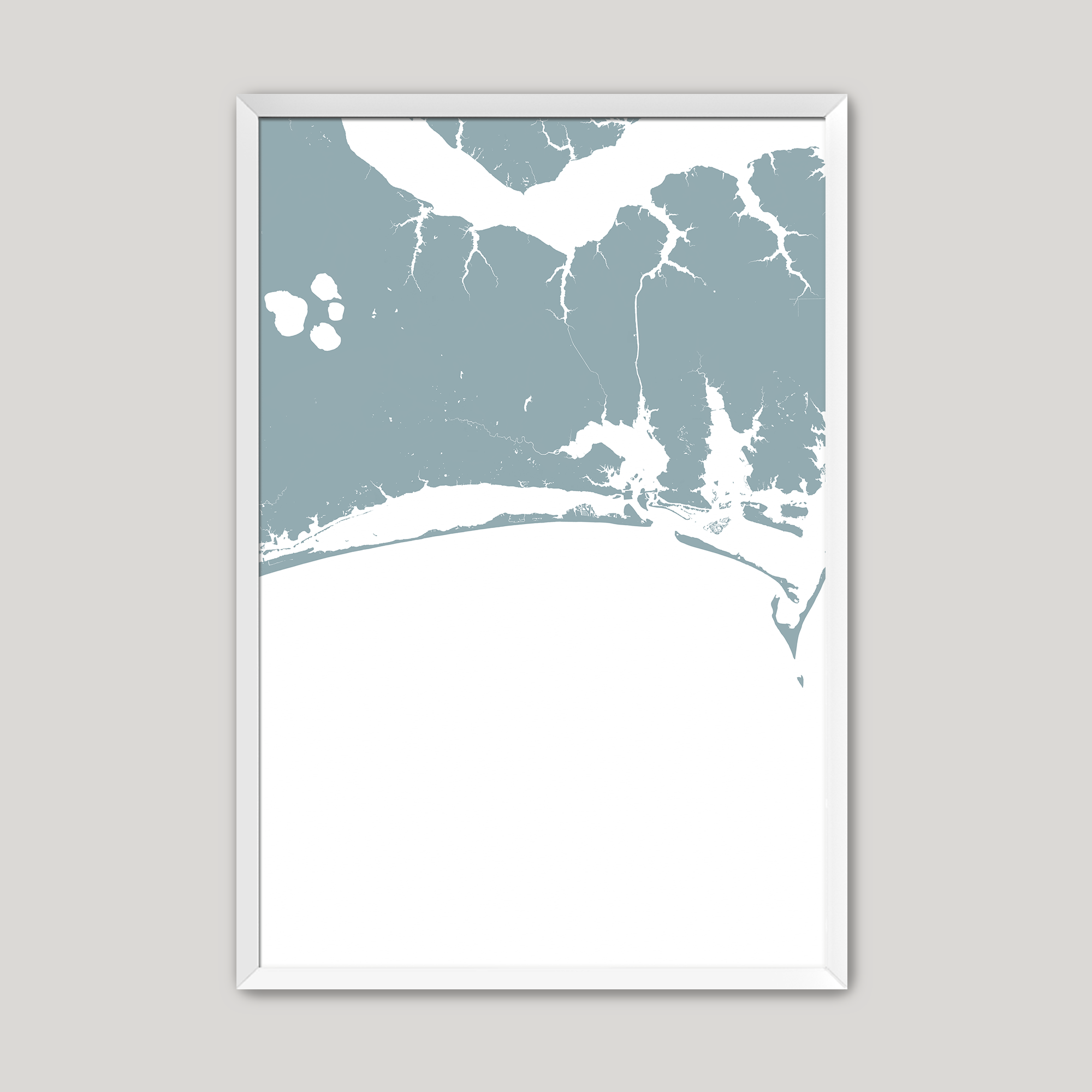 Crystal Coast / Emerald Isle Coastal Map — Fine Art Print Vertical, soft-blue, White Frame, 8x10