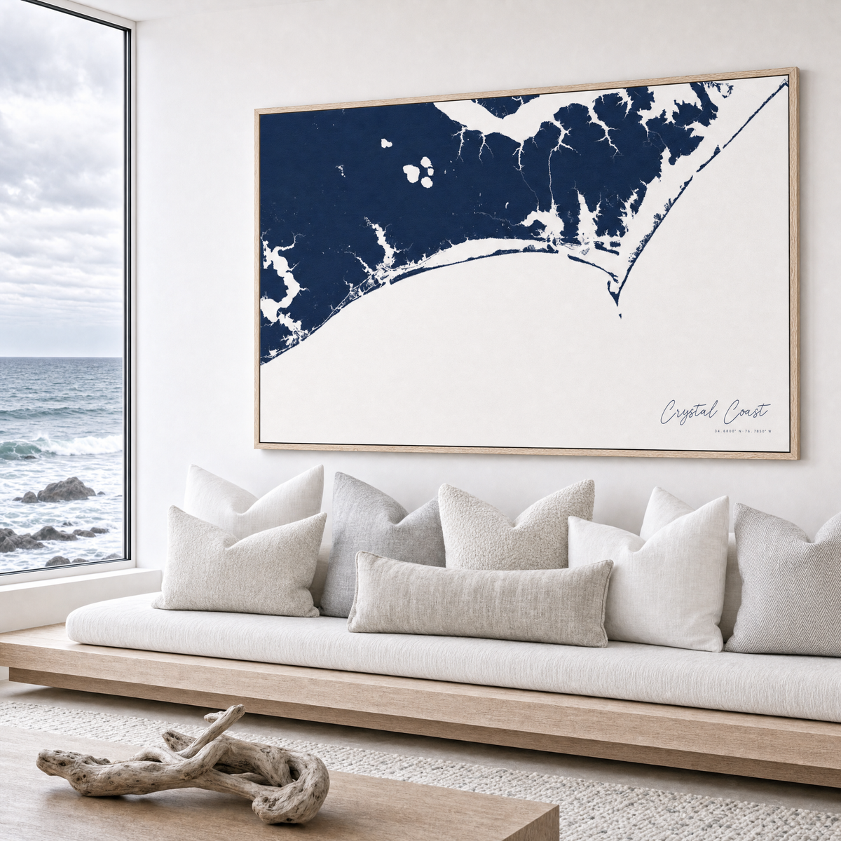 Crystal Coast / Emerald Isle canvas map — sea-view bench interior