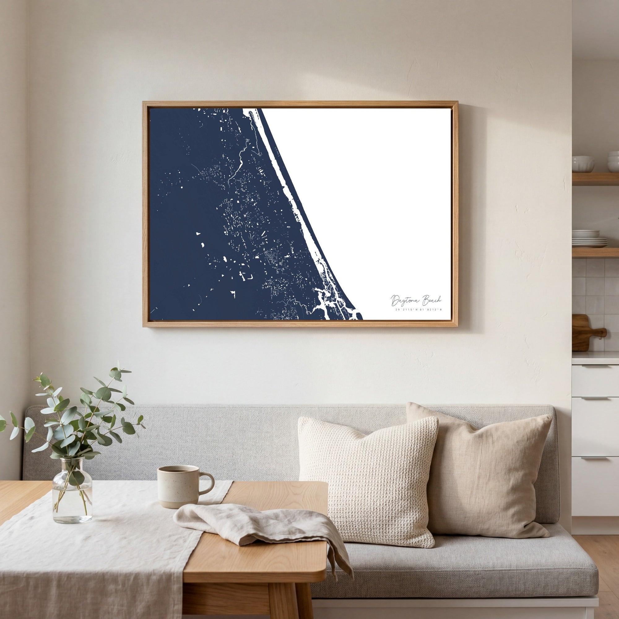 Daytona Beach navy horizontal canvas map in an oak framed room scene