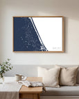 Daytona Beach navy horizontal canvas map in an oak framed room scene