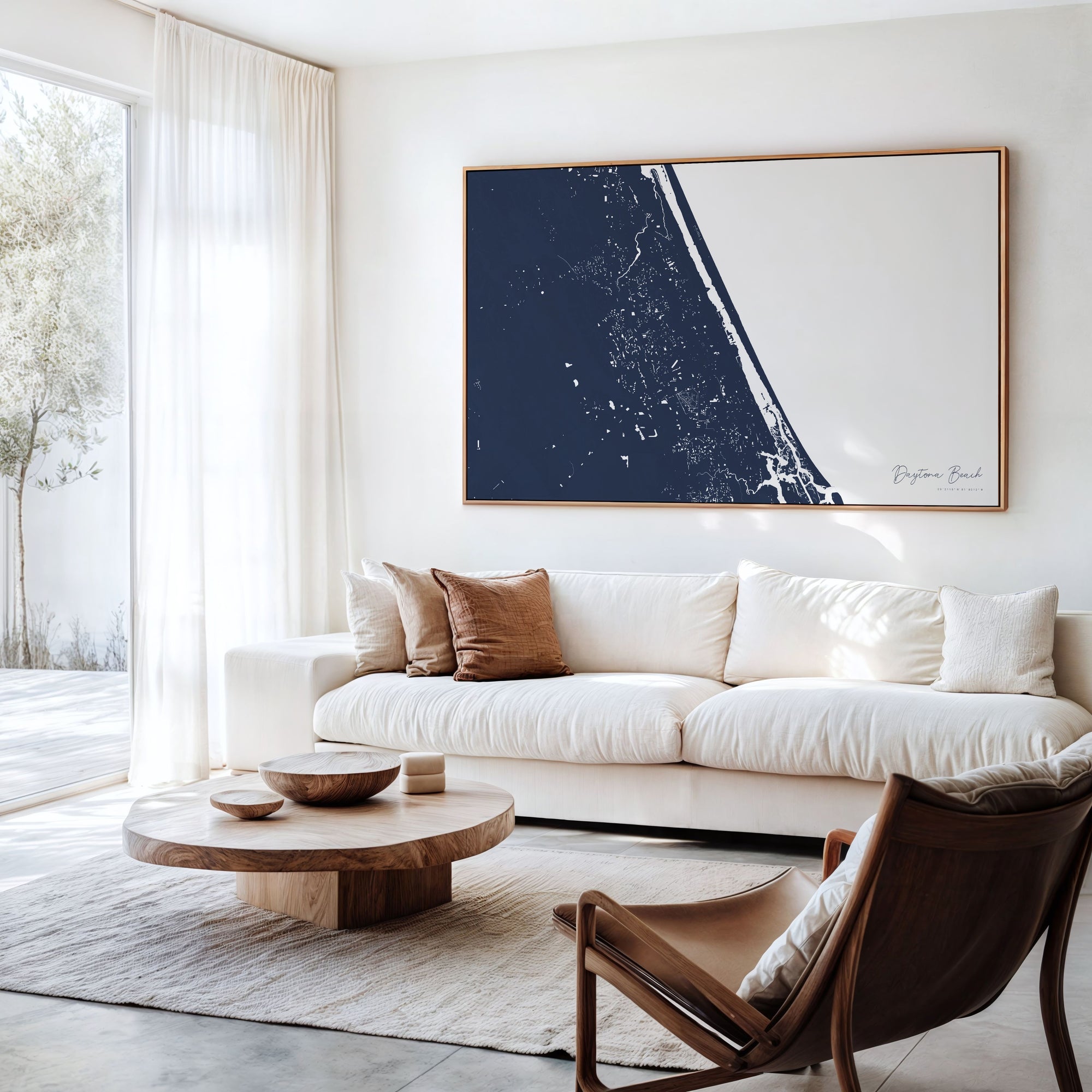 Daytona Beach navy horizontal canvas map in an oak framed room scene