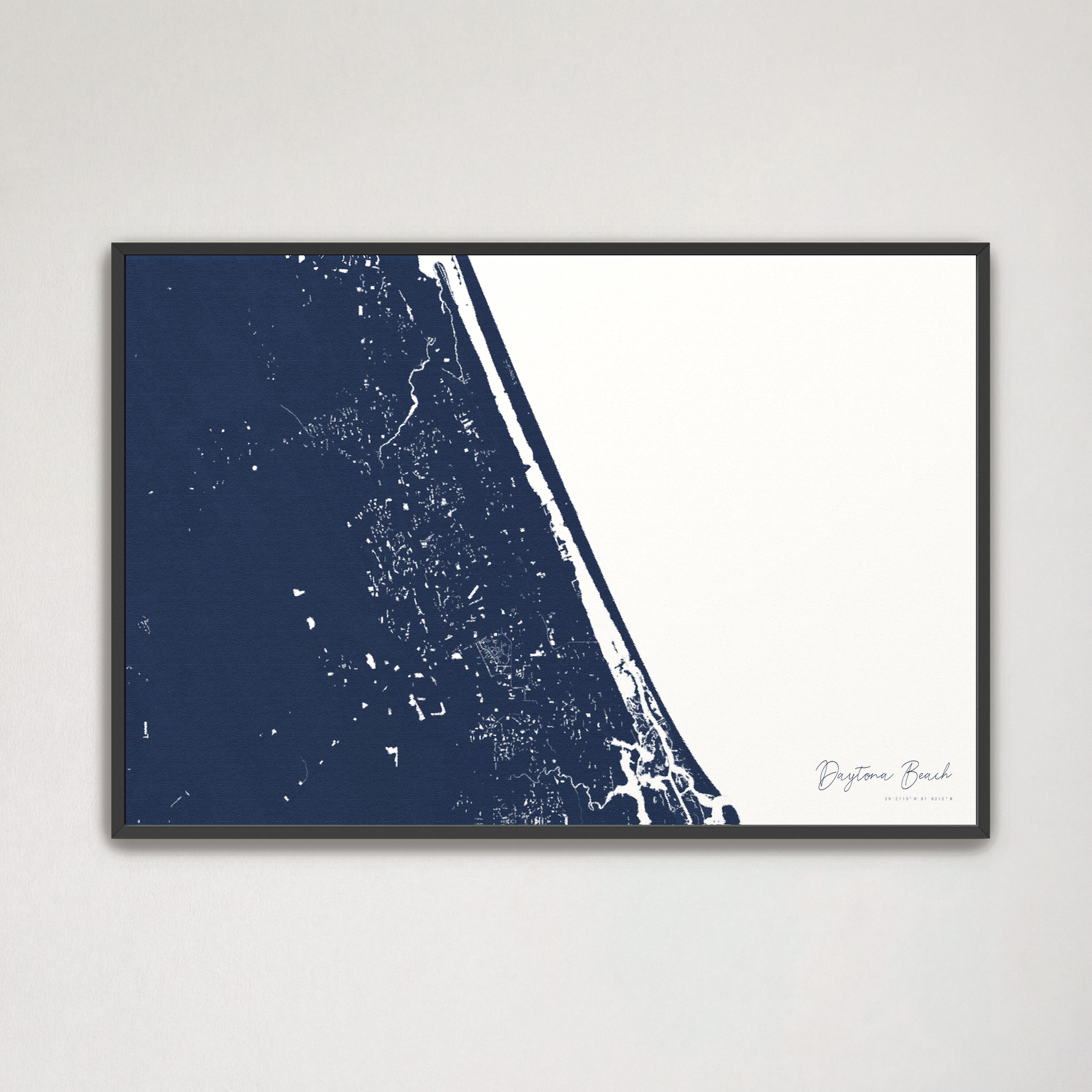 Daytona Beach Coastal Map — Canvas Horizontal, navy, Black Frame