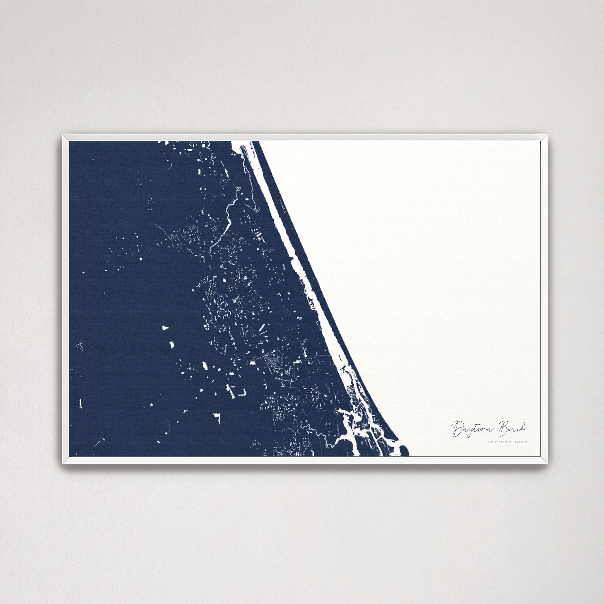Daytona Beach Coastal Map — Canvas Horizontal, navy, White Frame