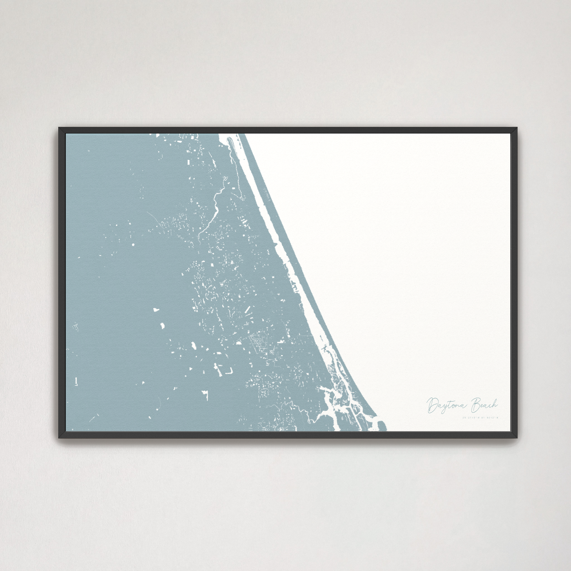 Daytona Beach Coastal Map — Canvas Horizontal, soft-blue, Black Frame