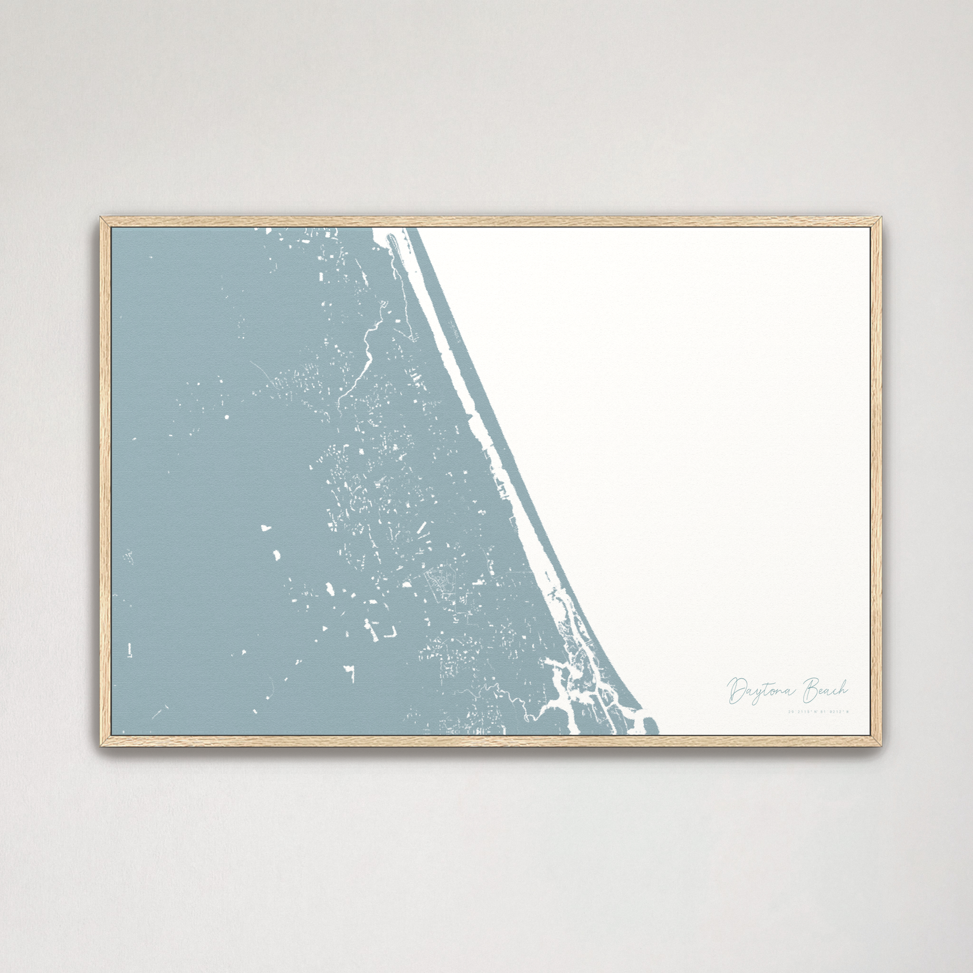 Daytona Beach Coastal Map — Canvas Horizontal, soft-blue, Natural Oak