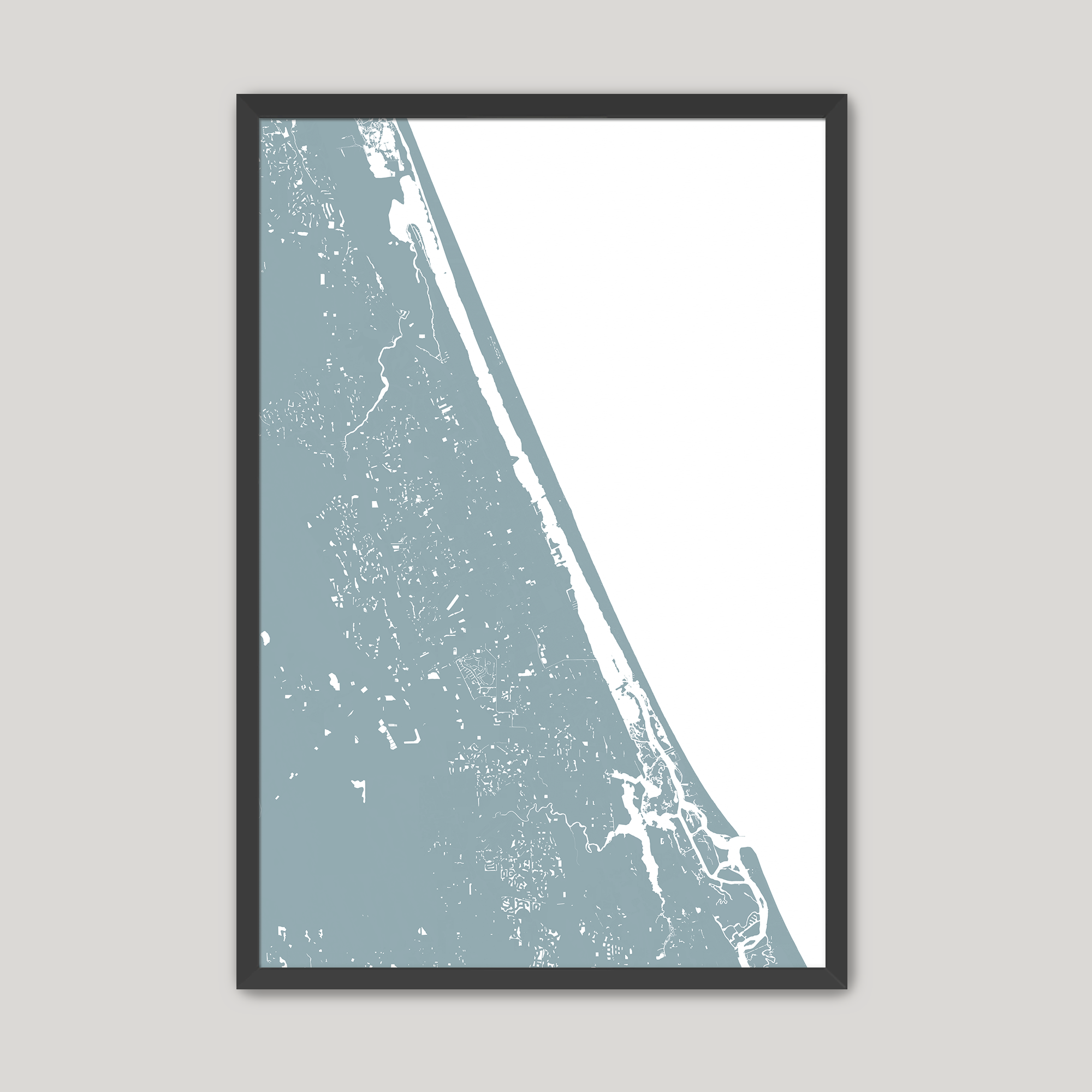Daytona Beach Coastal Map — Fine Art Print Vertical, soft-blue, Black Frame, 8x10