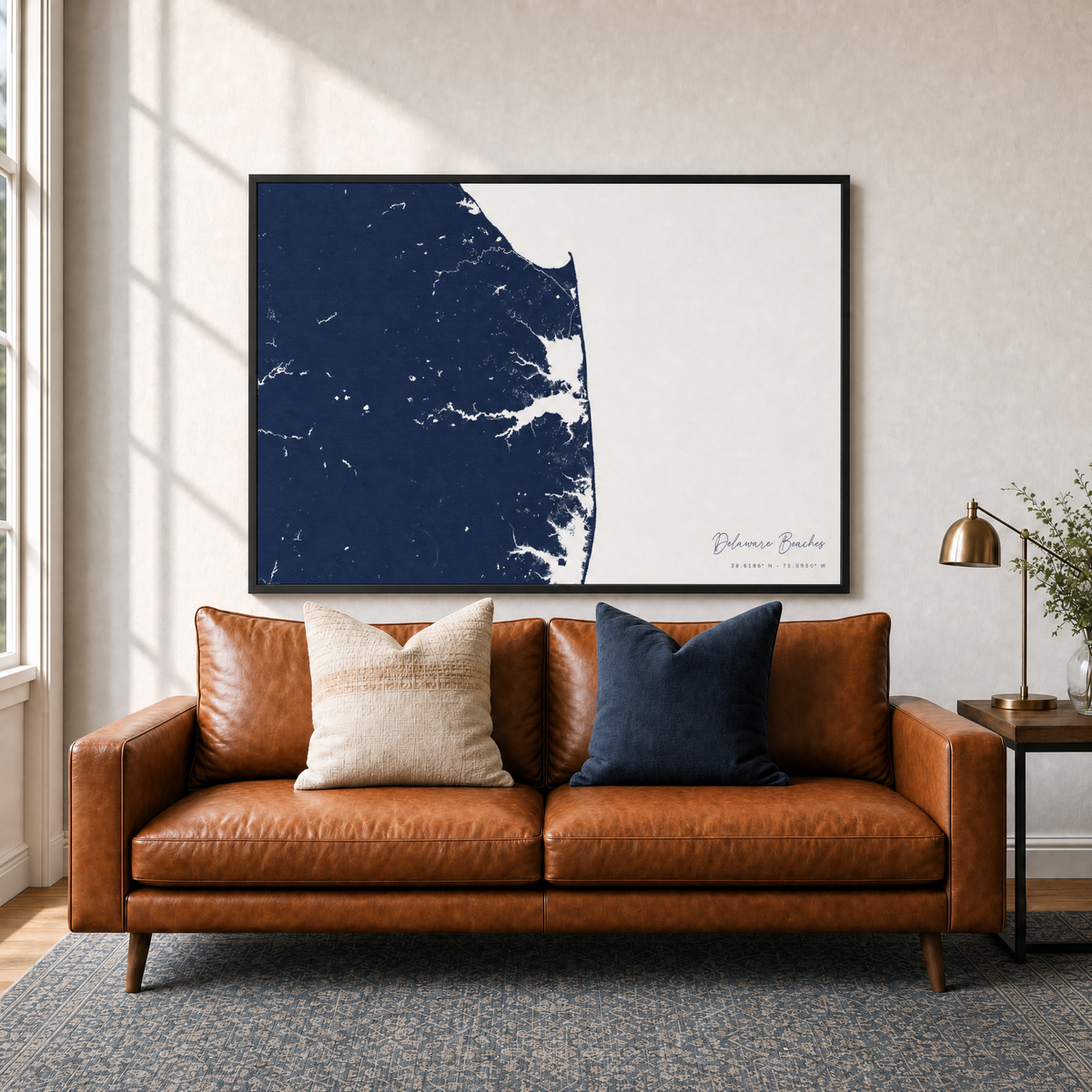 Delaware Beaches canvas map — two-pillow black-frame sofa interior