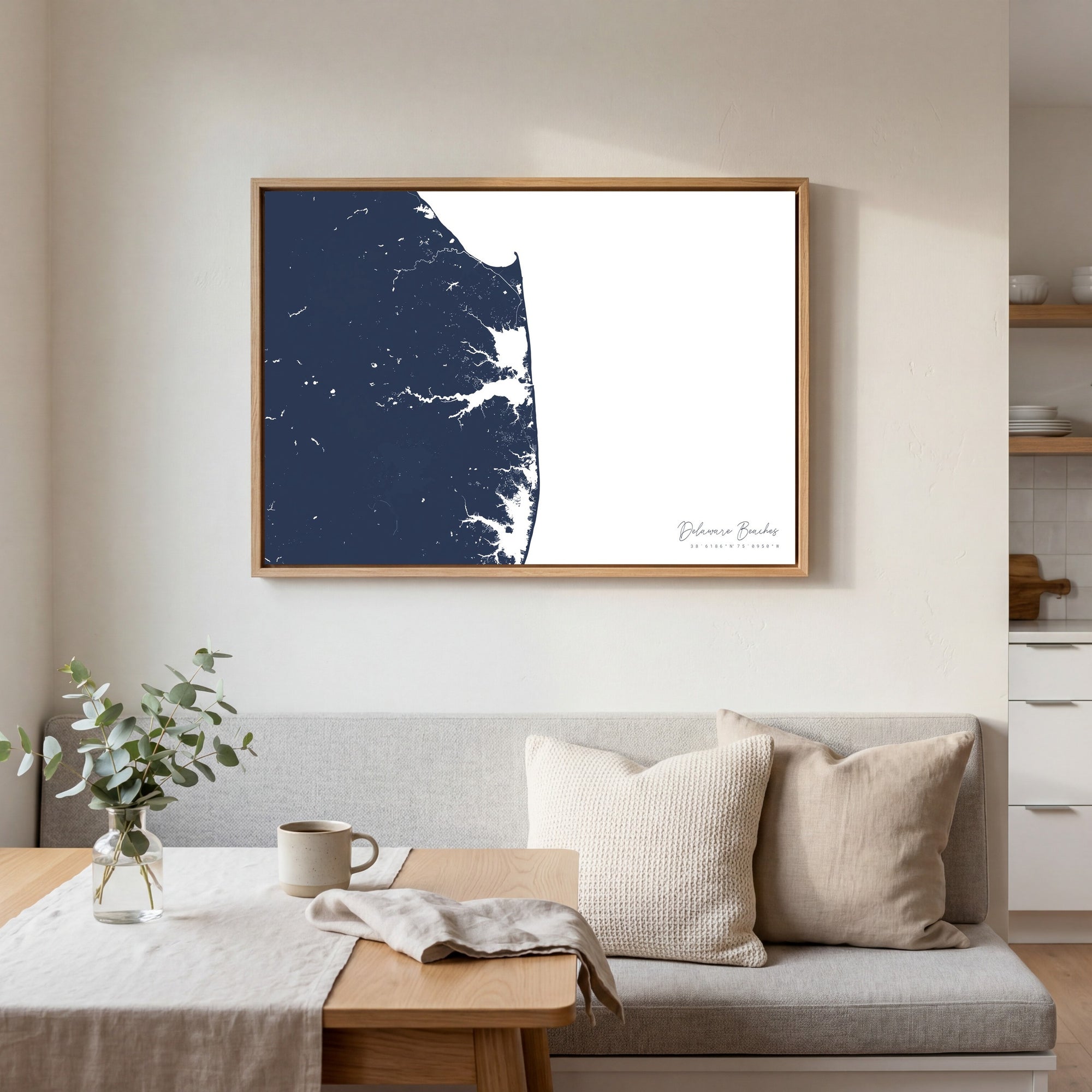 Delaware Beaches navy horizontal canvas map in an oak framed room scene