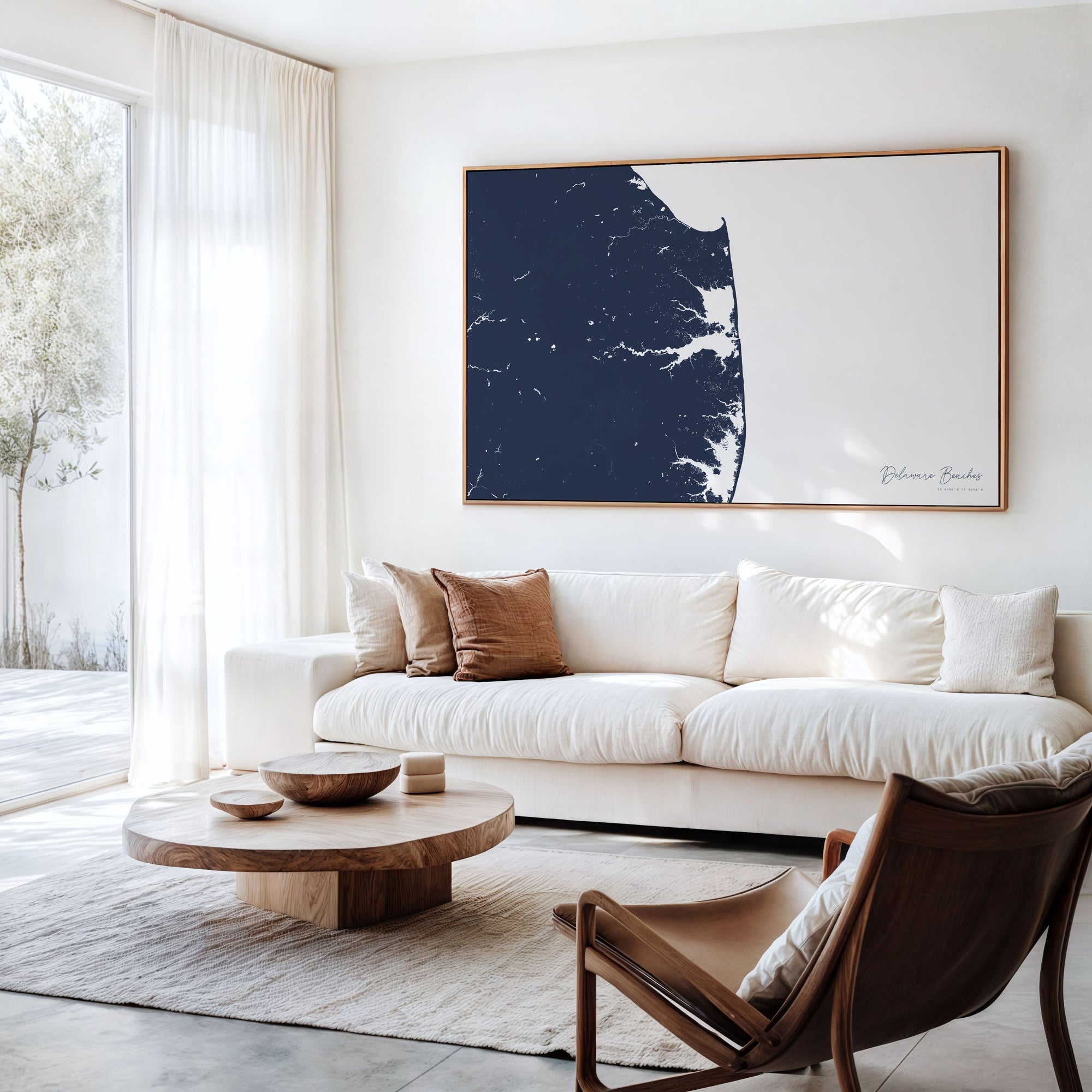 Delaware Beaches navy horizontal canvas map in an oak framed room scene