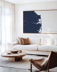 Delaware Beaches navy horizontal canvas map in an oak framed room scene
