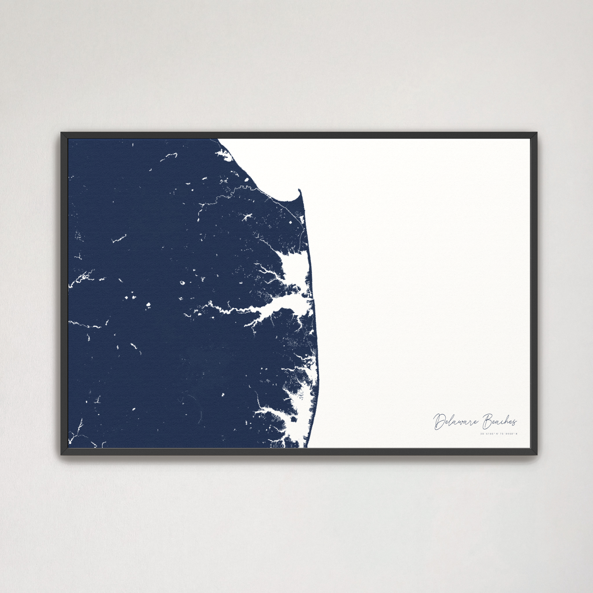 Delaware Beaches Coastal Map — Canvas Horizontal, navy, Black Frame