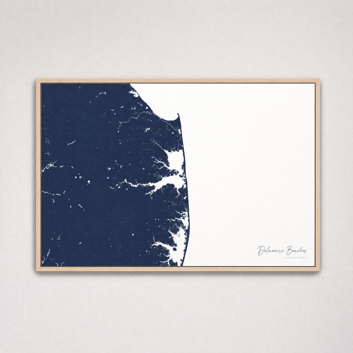 Delaware Beaches Coastal Map — Canvas Horizontal — navy, Light Wood