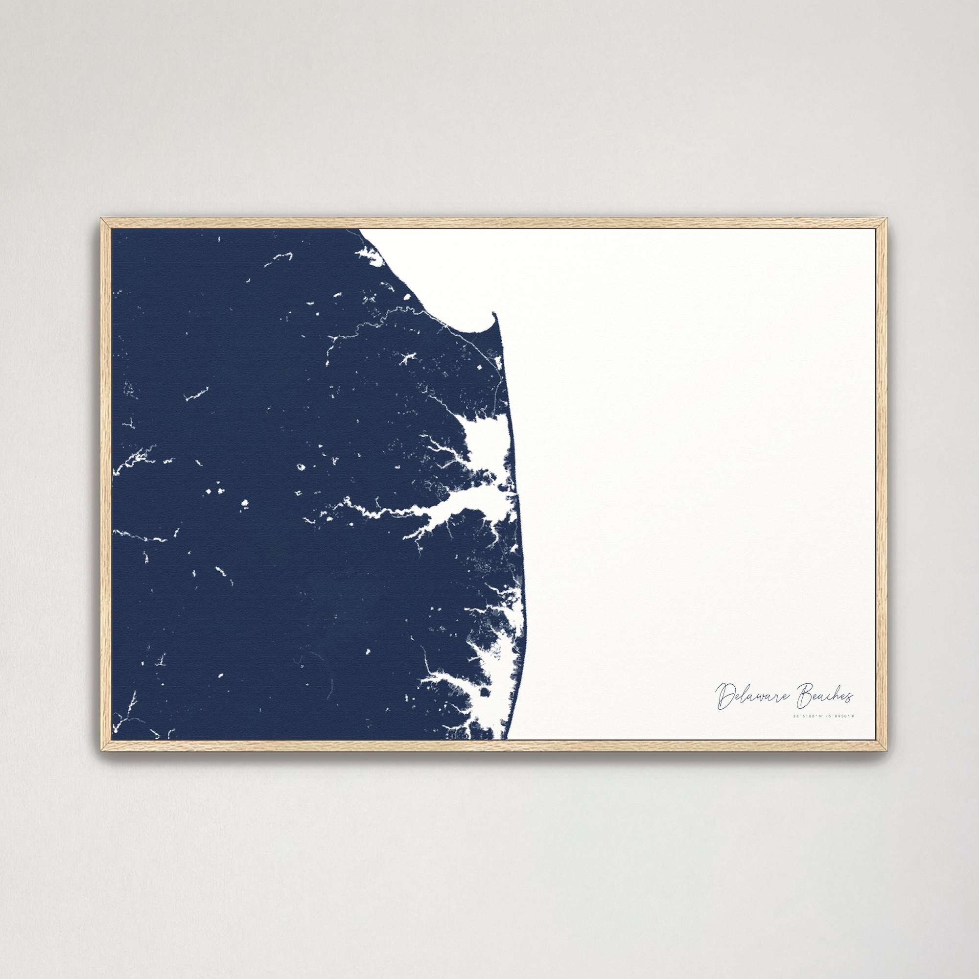 Delaware Beaches Coastal Map — Canvas Horizontal, navy, Natural Oak