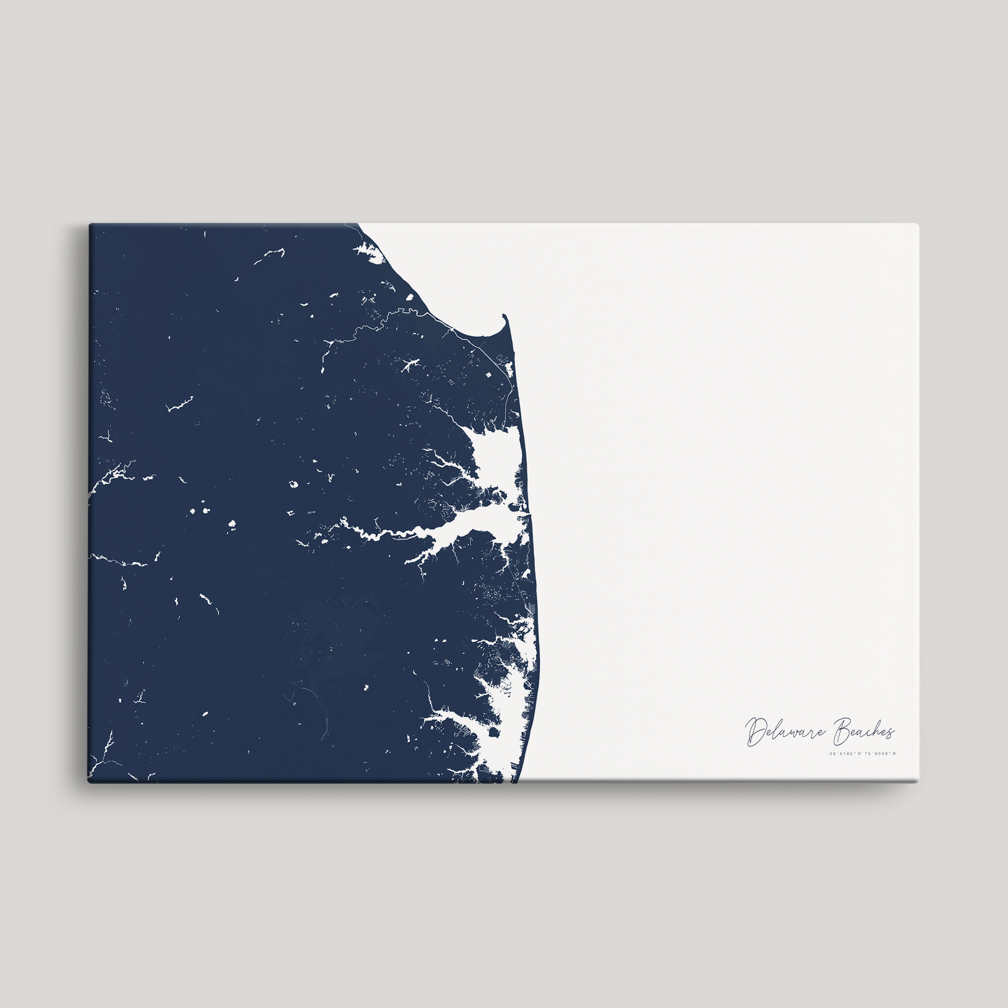 Delaware Beaches Coastal Map — Canvas Horizontal, navy, No Frame