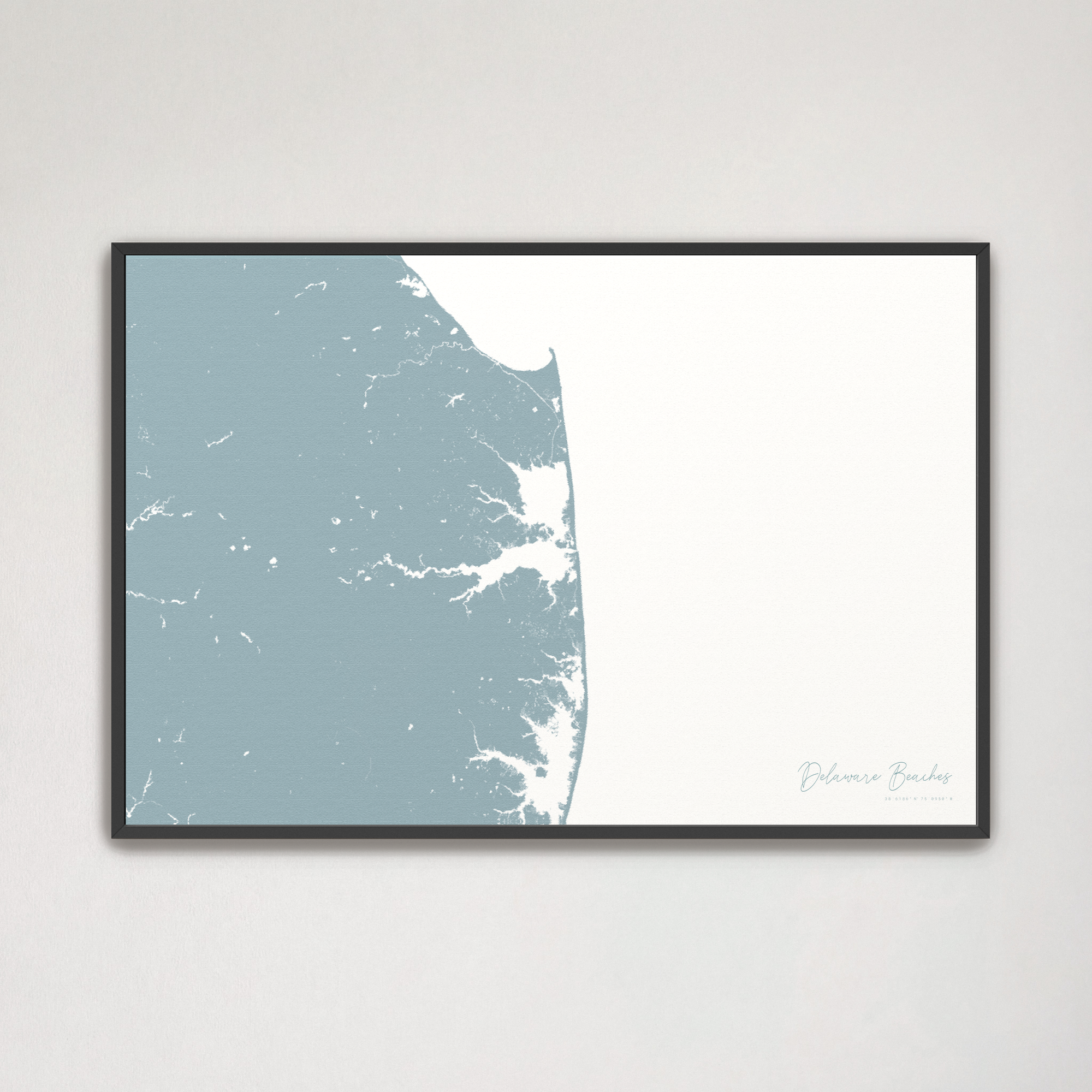 Delaware Beaches Coastal Map — Canvas Horizontal, soft-blue, Black Frame