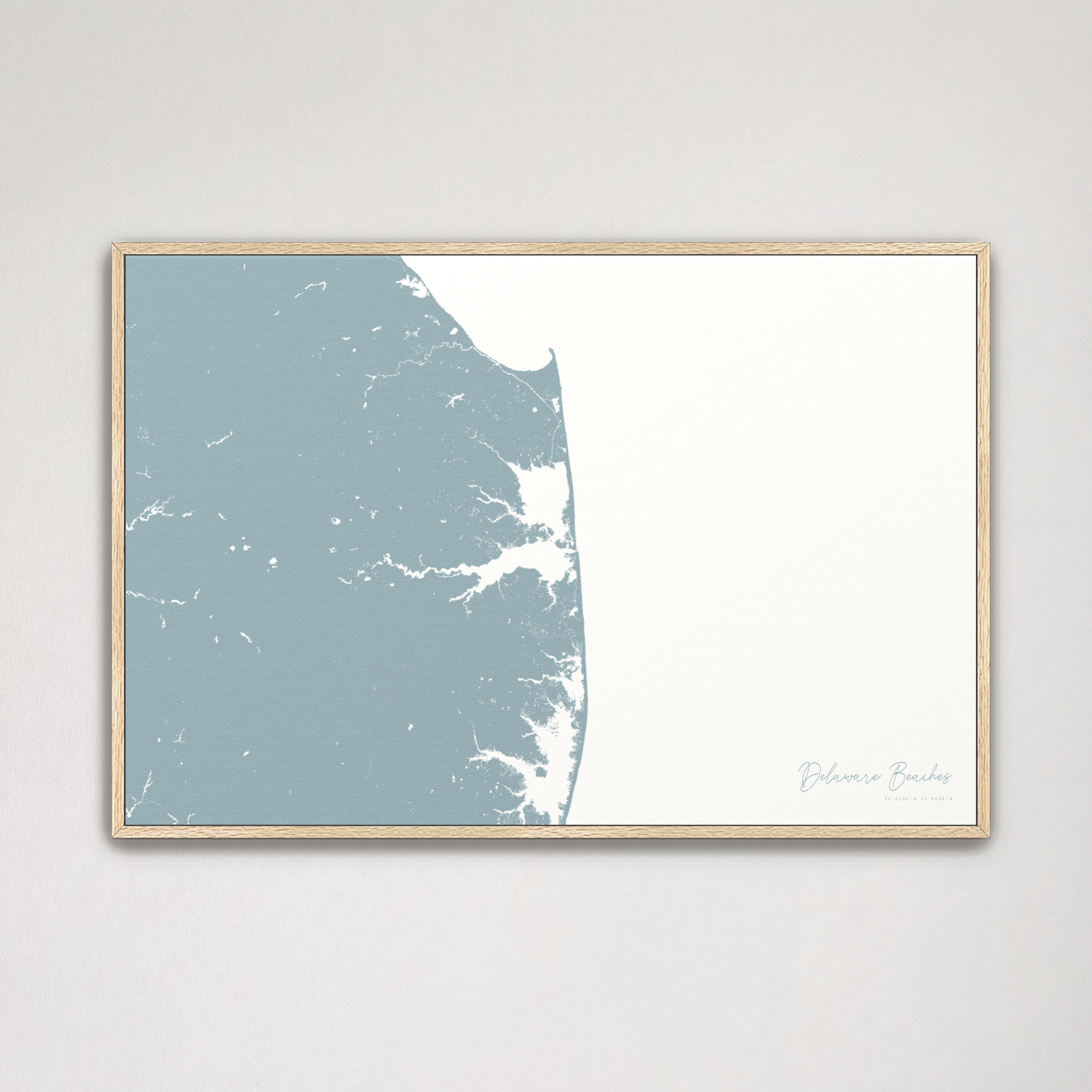 Delaware Beaches Coastal Map — Canvas Horizontal, soft-blue, Natural Oak