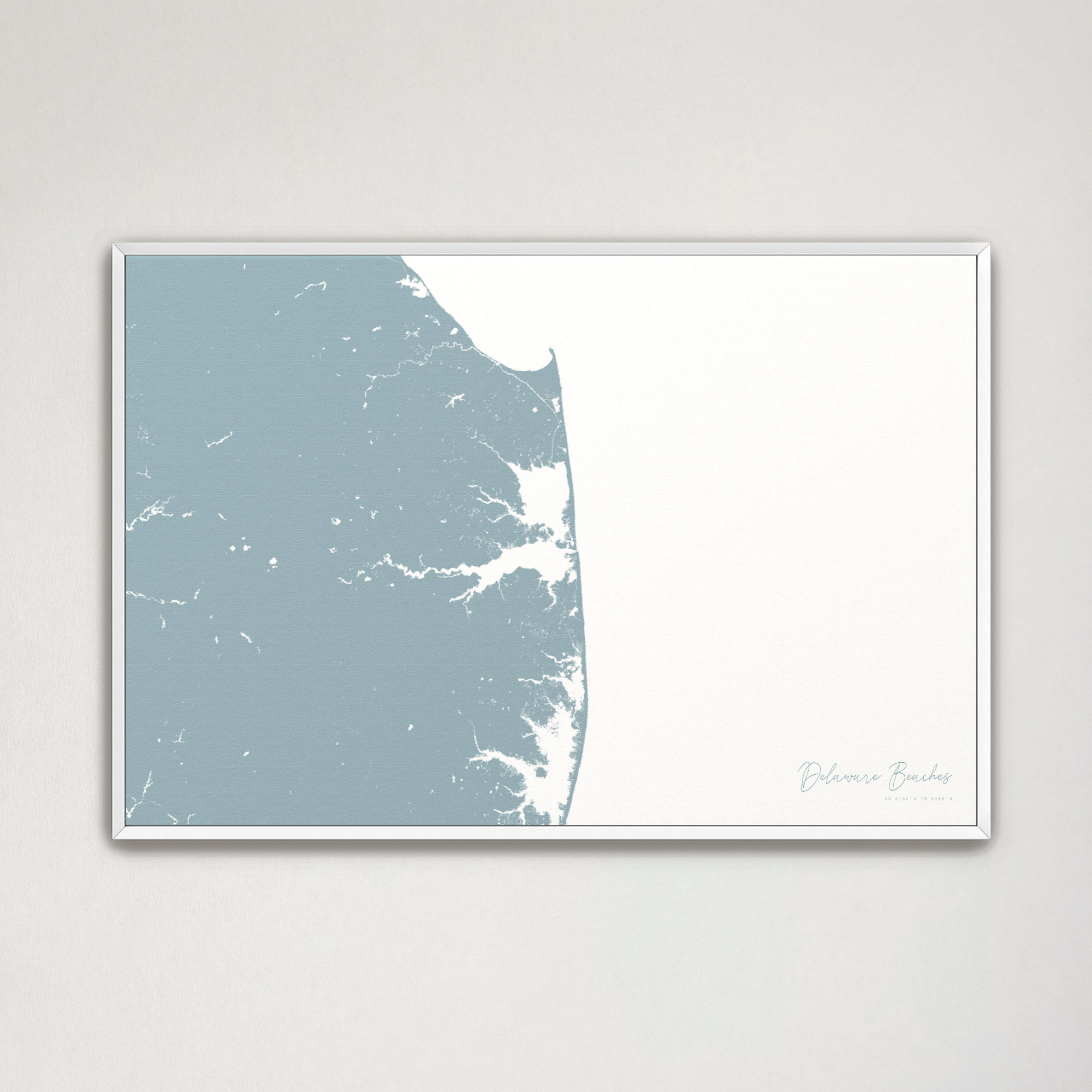 Delaware Beaches Coastal Map — Canvas Horizontal, soft-blue, White Frame