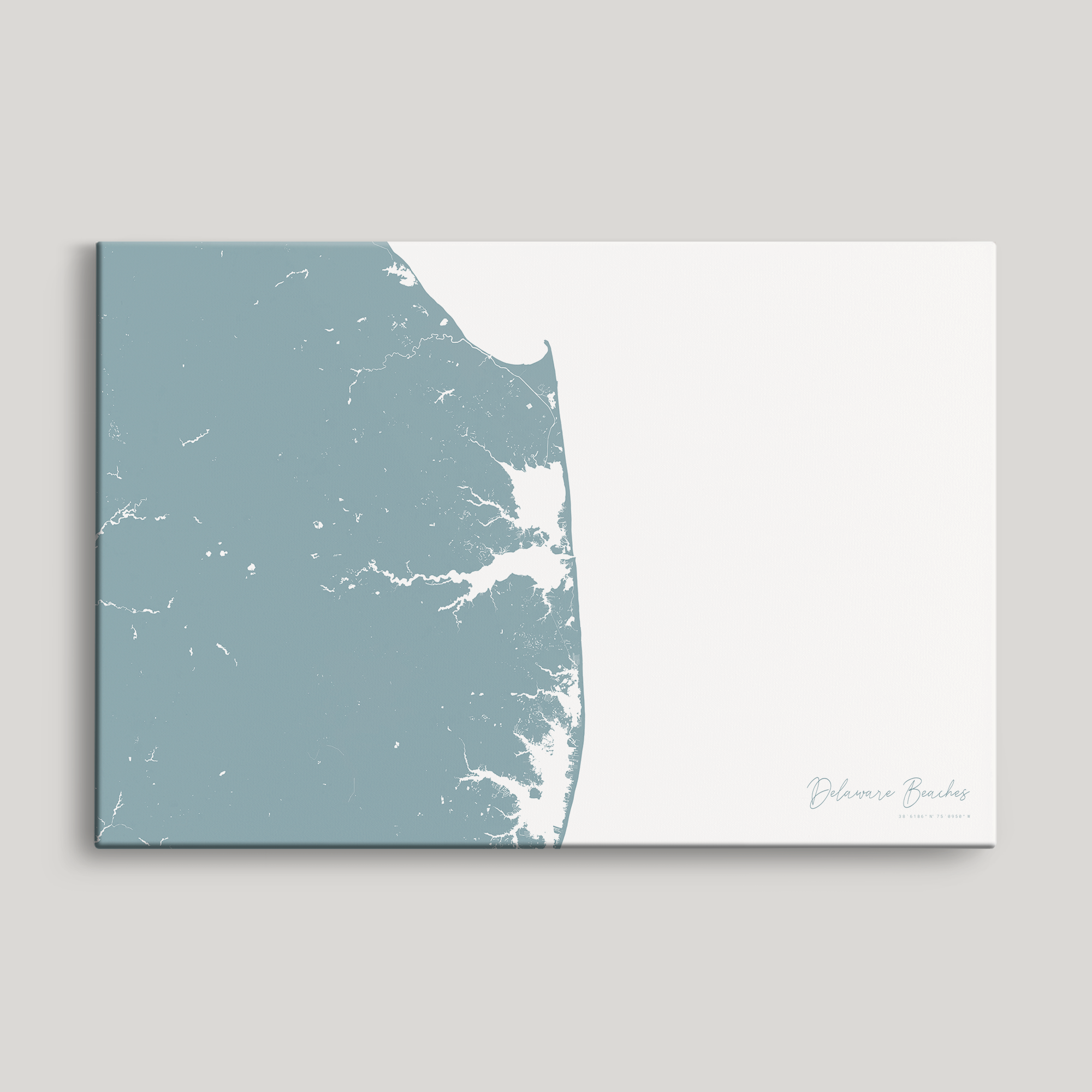 Delaware Beaches Coastal Map — Canvas Horizontal, soft-blue, No Frame