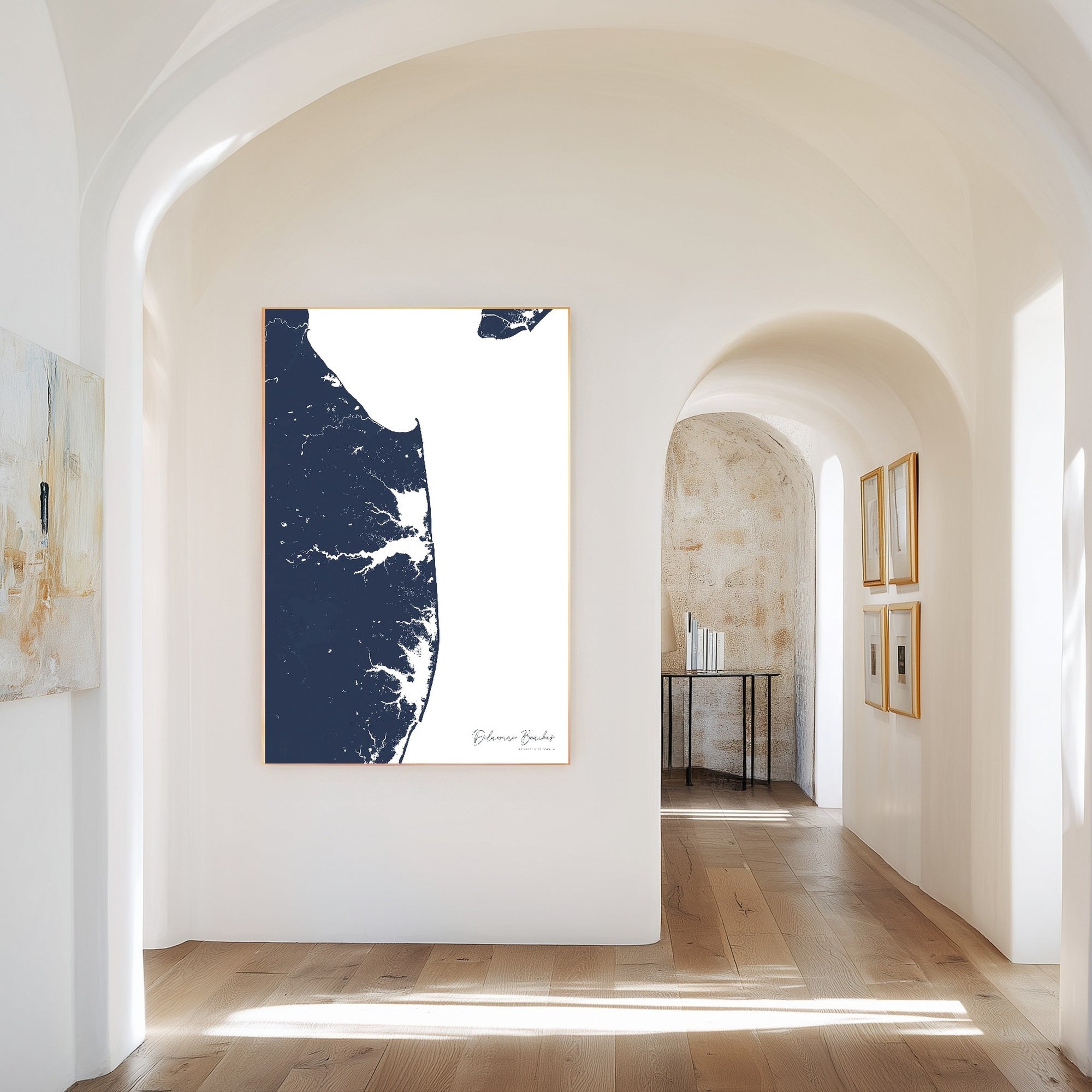 Delaware Beaches navy vertical canvas map in the Bello mixed room scene