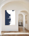 Delaware Beaches navy vertical canvas map in the Bello mixed room scene