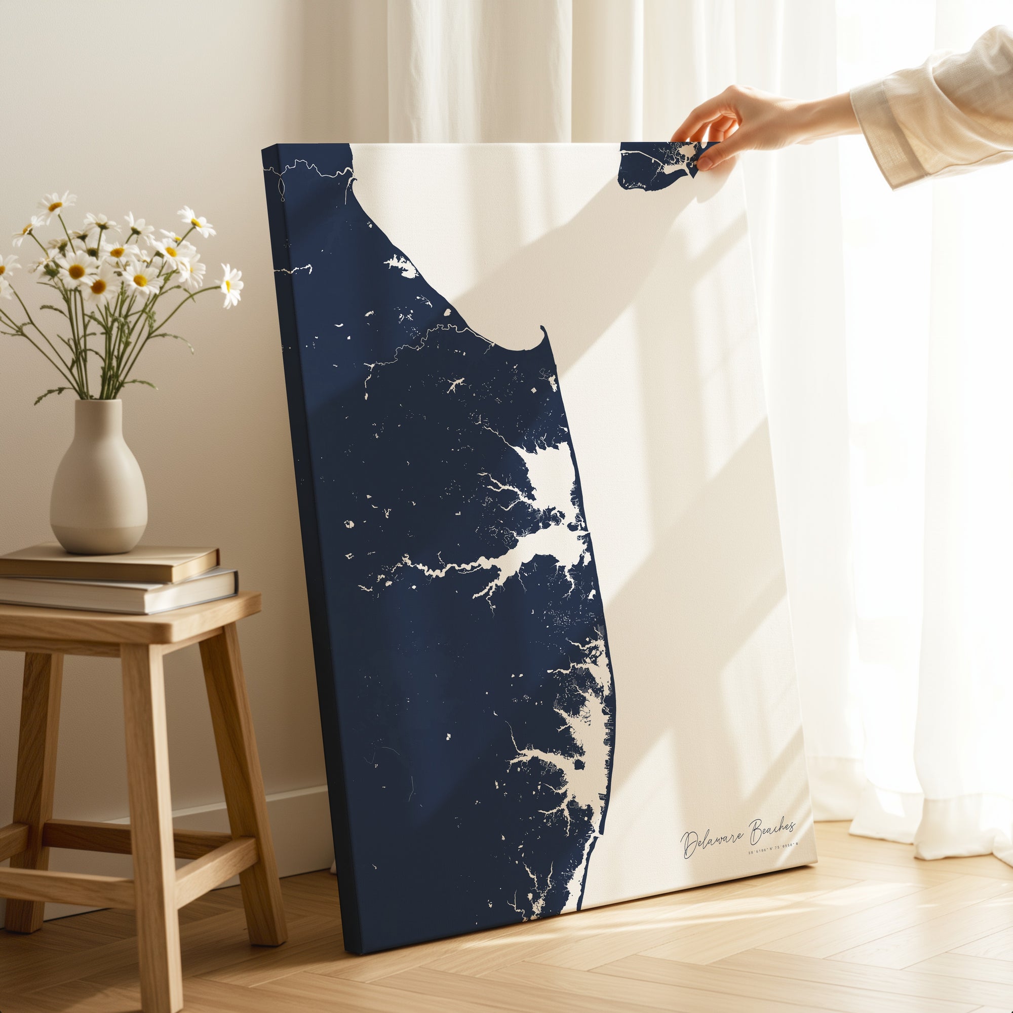 Delaware Beaches navy vertical wrapped canvas map in the ratio 2:3 hand mockup