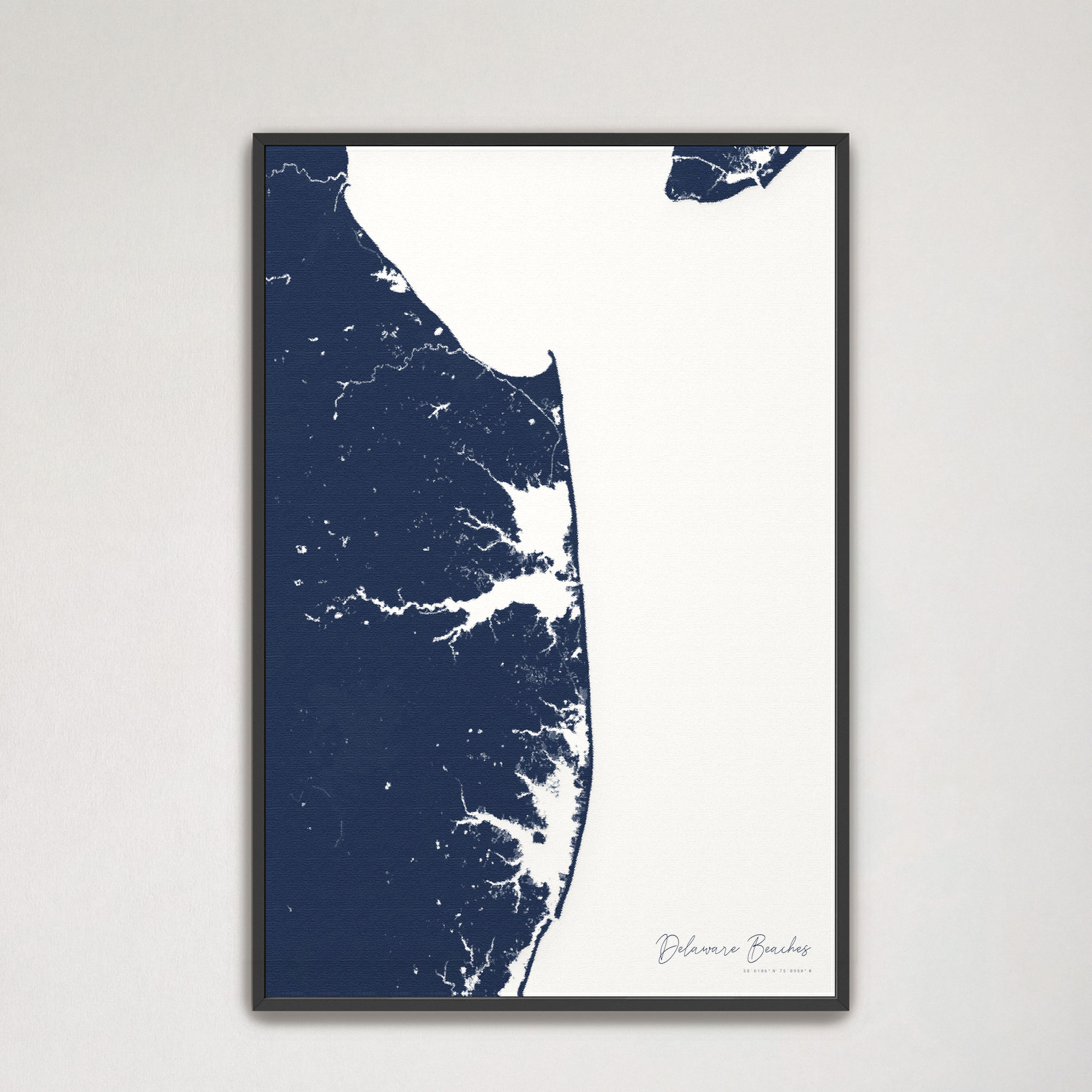 Delaware Beaches Coastal Map — Canvas Vertical, navy, Black Frame