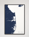 Delaware Beaches Coastal Map — Canvas Vertical, navy, Black Frame