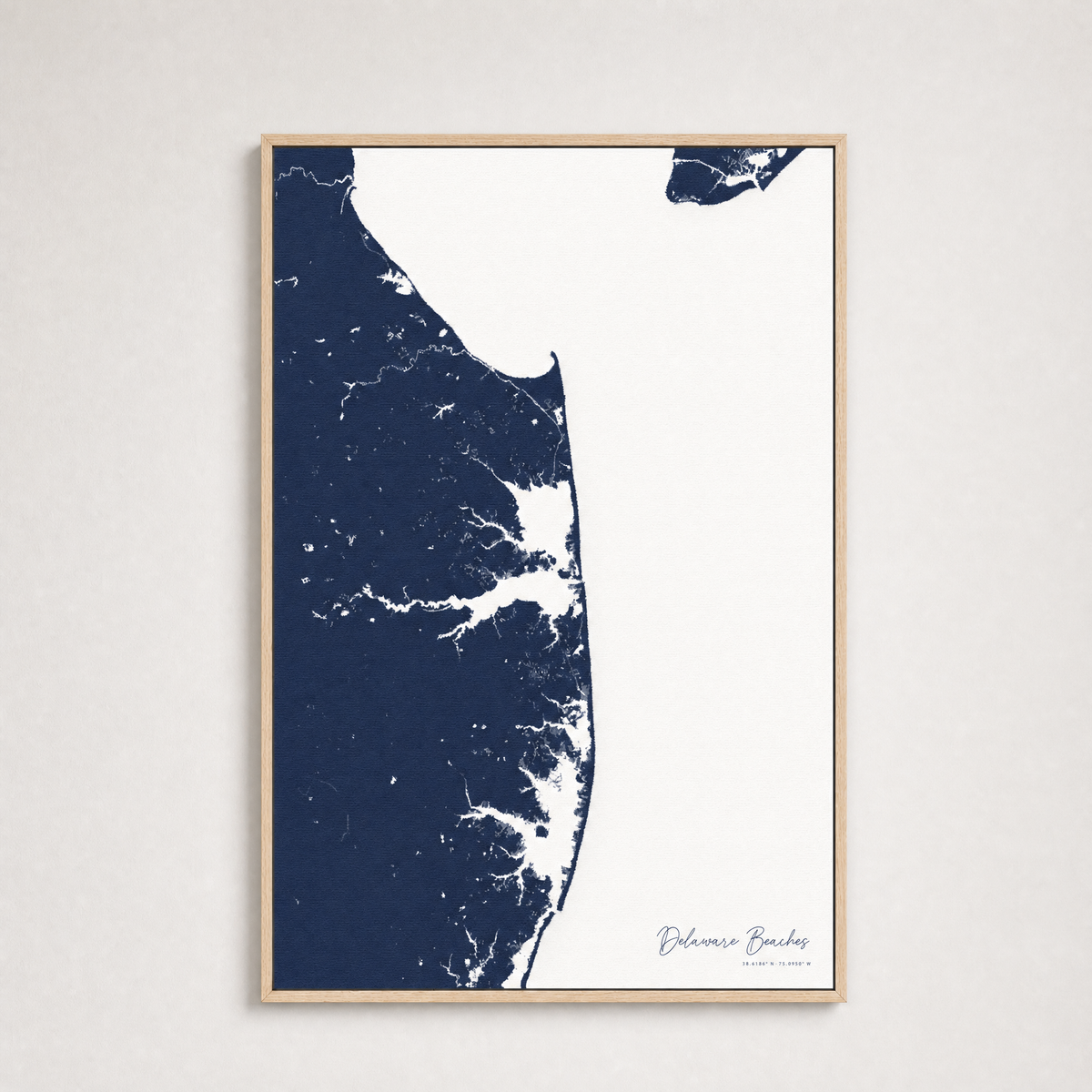 Delaware Beaches Coastal Map — Canvas Vertical — navy, Light Wood