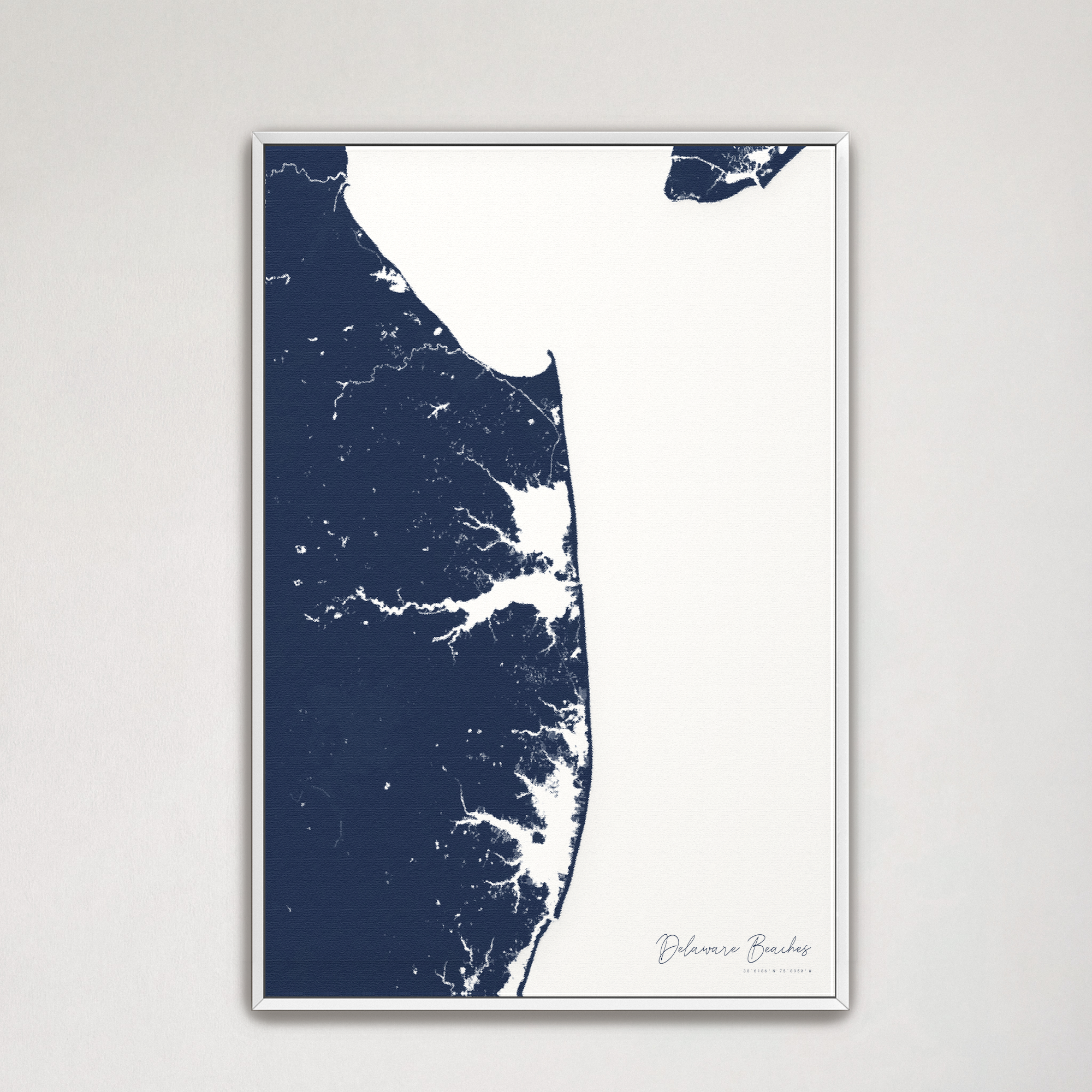 Delaware Beaches Coastal Map — Canvas Vertical, navy, White Frame
