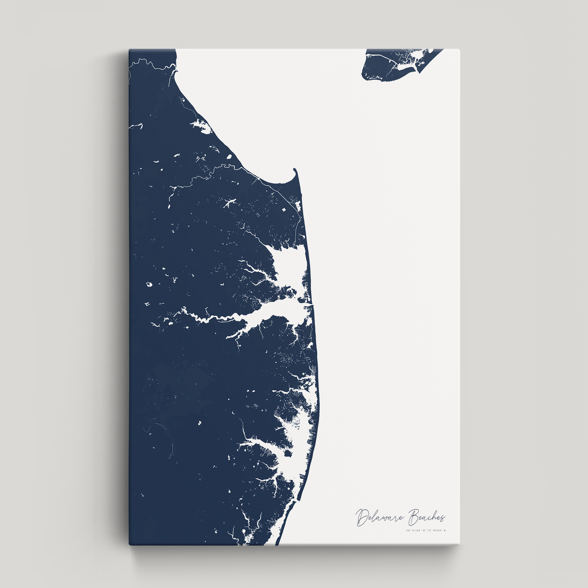 Delaware Beaches Coastal Map — Canvas Vertical, navy, No Frame