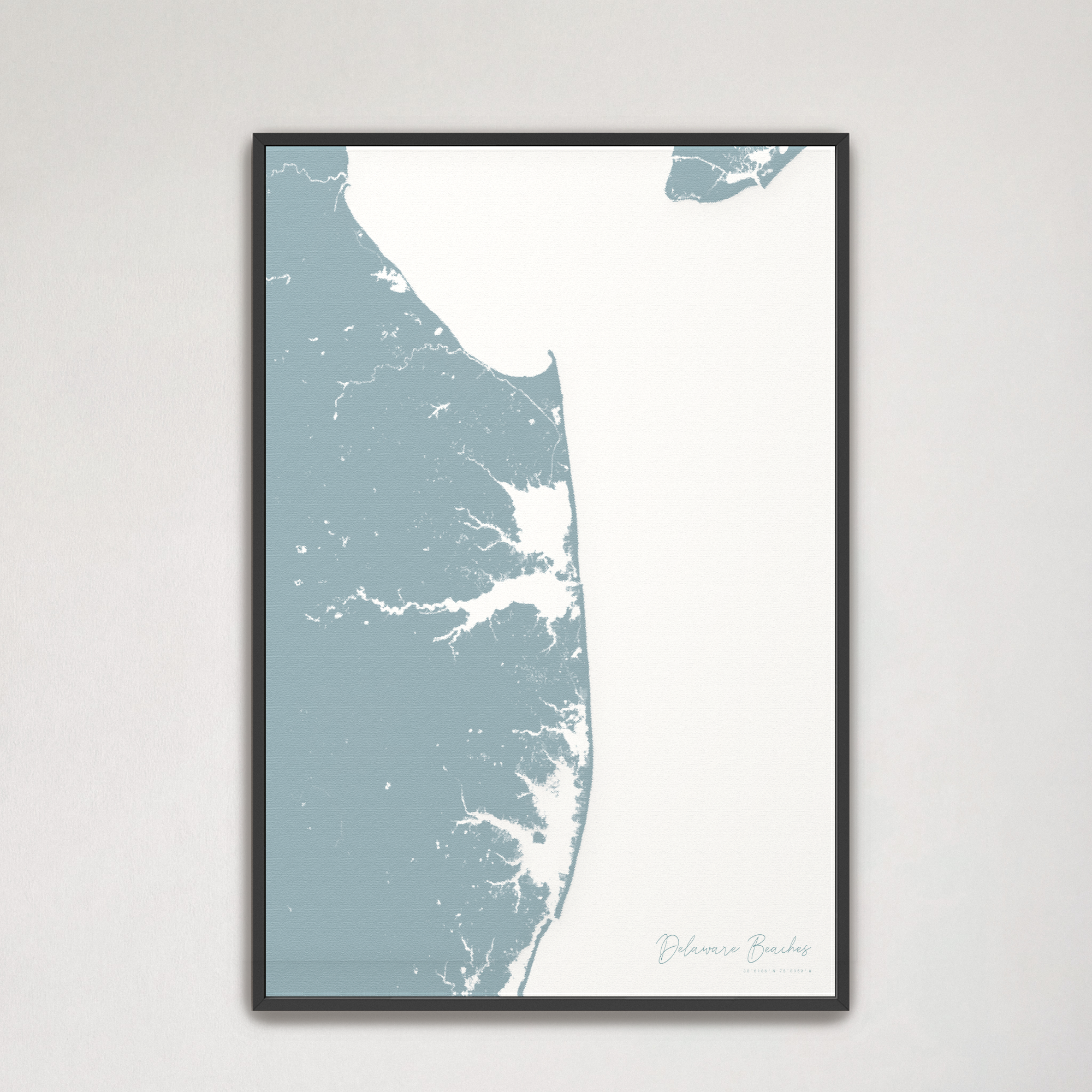 Delaware Beaches Coastal Map — Canvas Vertical, soft-blue, Black Frame