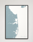 Delaware Beaches Coastal Map — Canvas Vertical, soft-blue, Black Frame