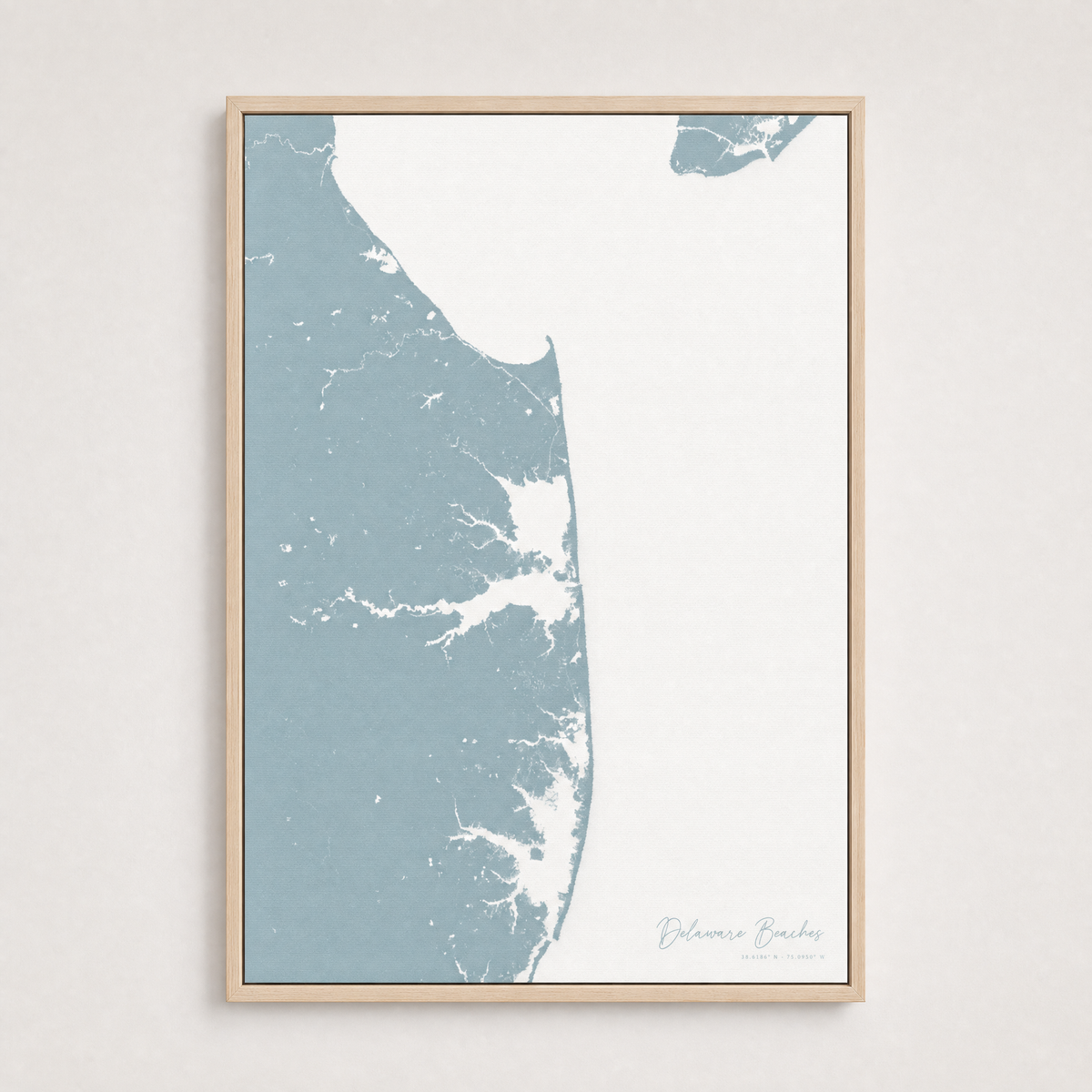 Delaware Beaches Coastal Map — Canvas Vertical — soft-blue, Light Wood