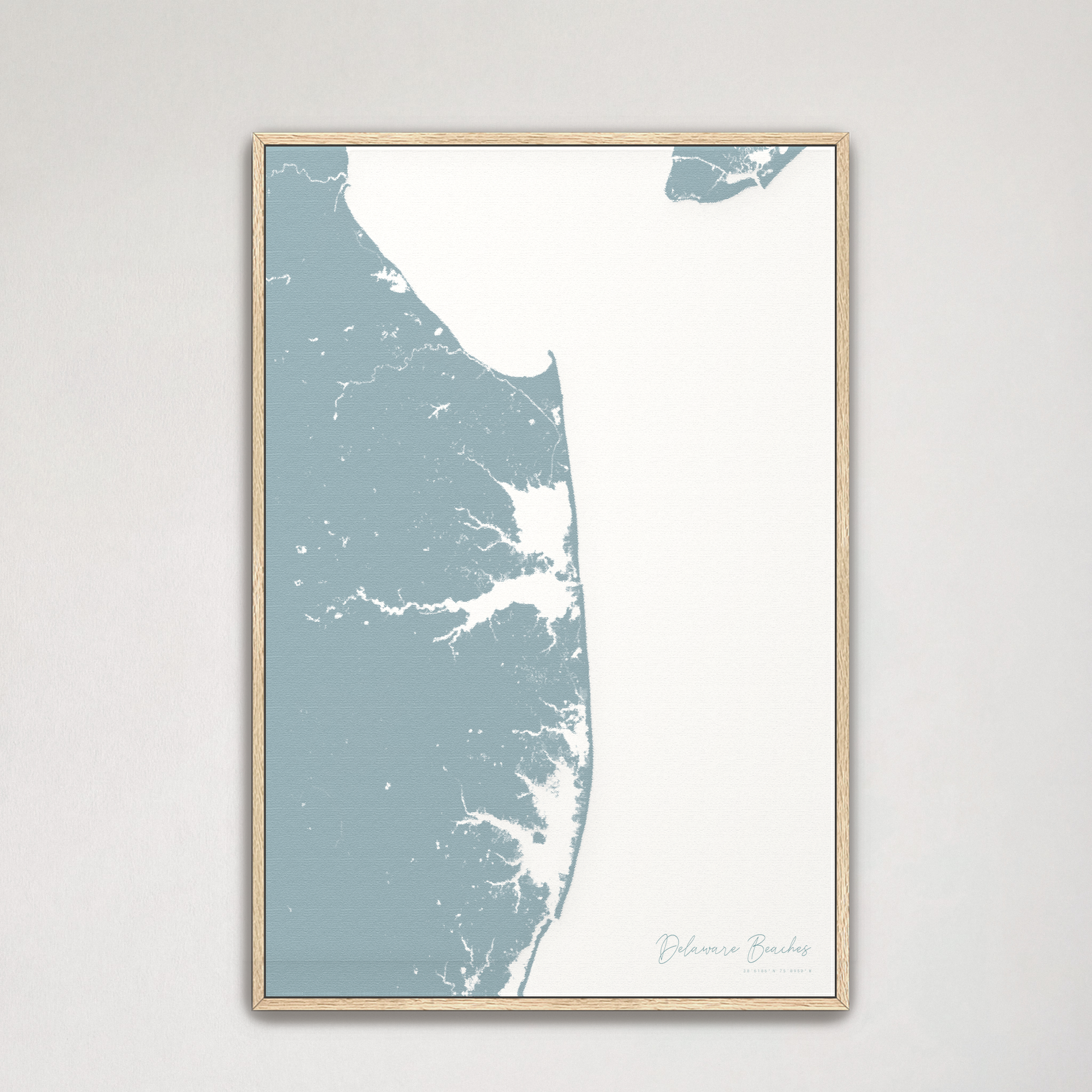 Delaware Beaches Coastal Map — Canvas Vertical, soft-blue, Natural Oak
